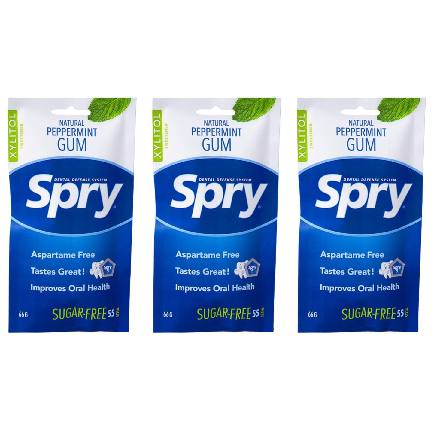 Spry Xylitol Chewing Gum - Aspartame-Free, Sugar-Free, Non-GMO, Peppermint, 55 Count (Pack of 3)