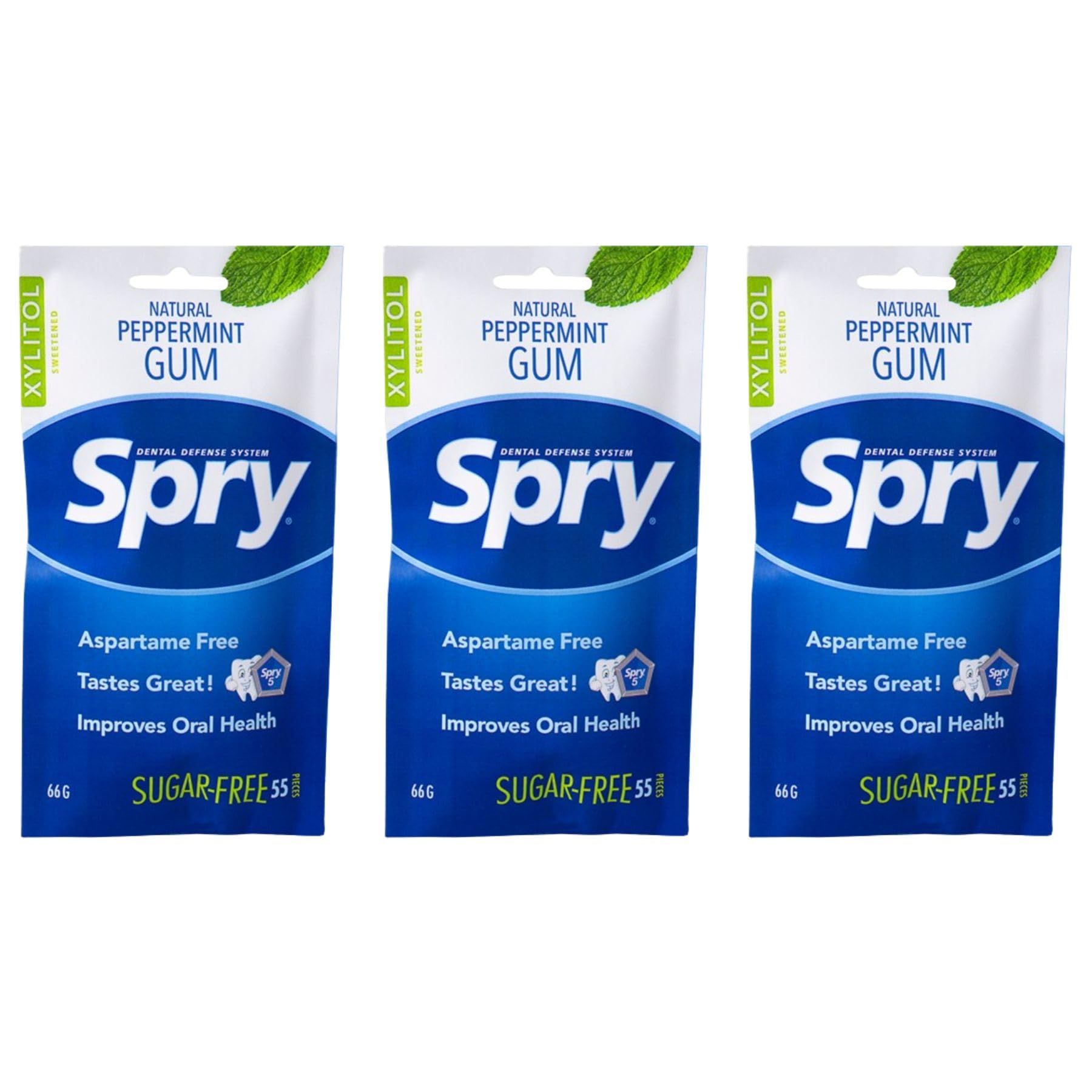 Spry Xylitol Chewing Gum - Aspartame-Free, Sugar-Free, Non-GMO, Peppermint, 55 Count (Pack of 3)