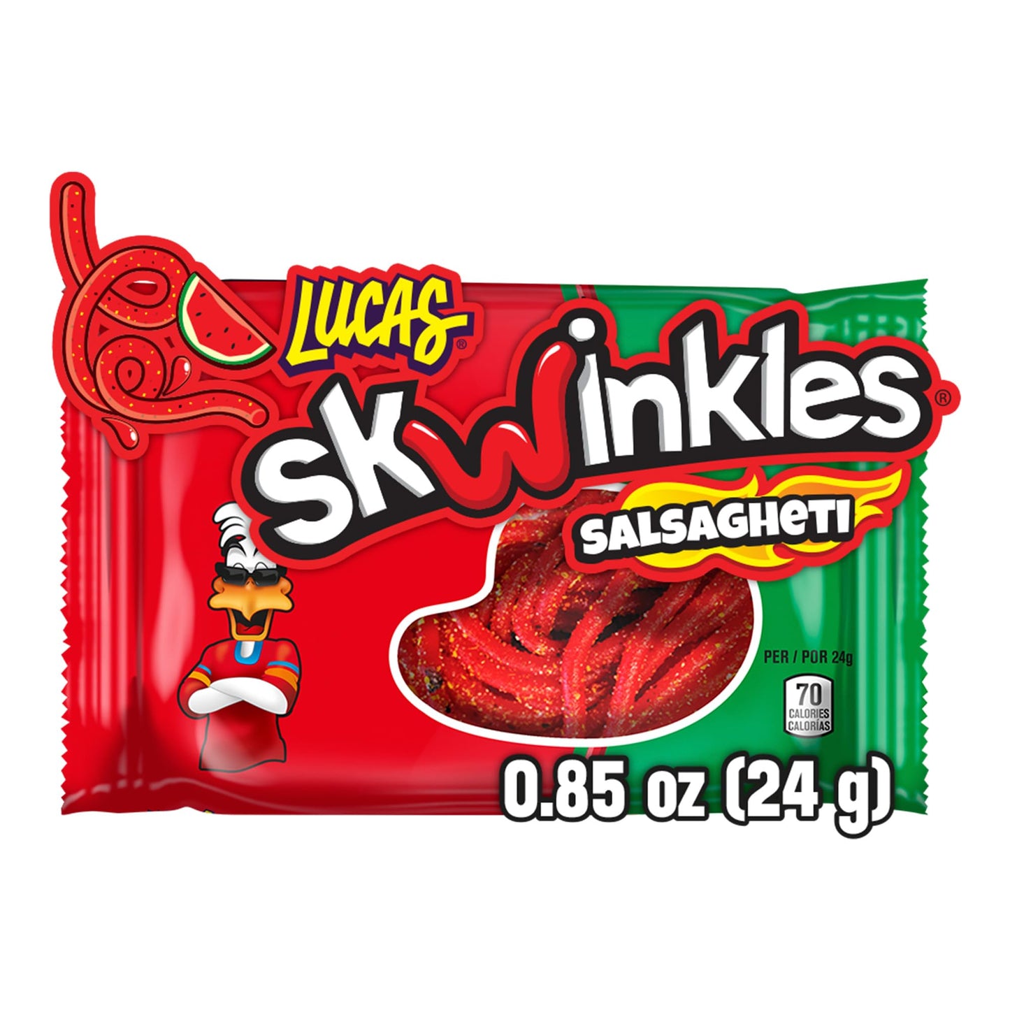 Lucas Salsagheti Watermelon Flavored Hot Candy Strips And Tamarind Sauce, 0.84 Oz - 12 Pieces Pack For Treats, Snack, Parties, P