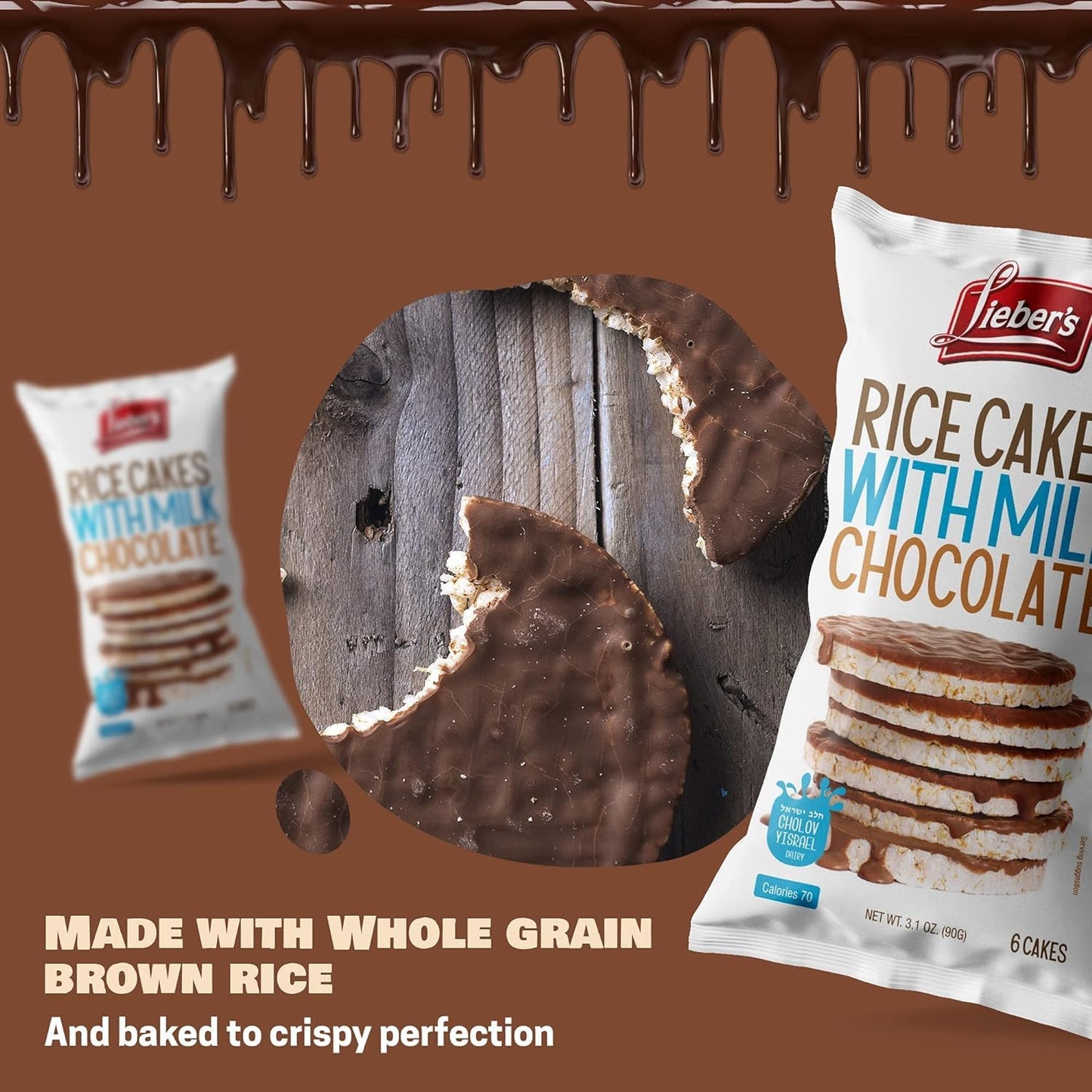 Liebers Milk Chocolate Rice Cakes, Kosher Certified Dairy, Gluten Free Snack (Pack Of 8) (Milk Chocolate)