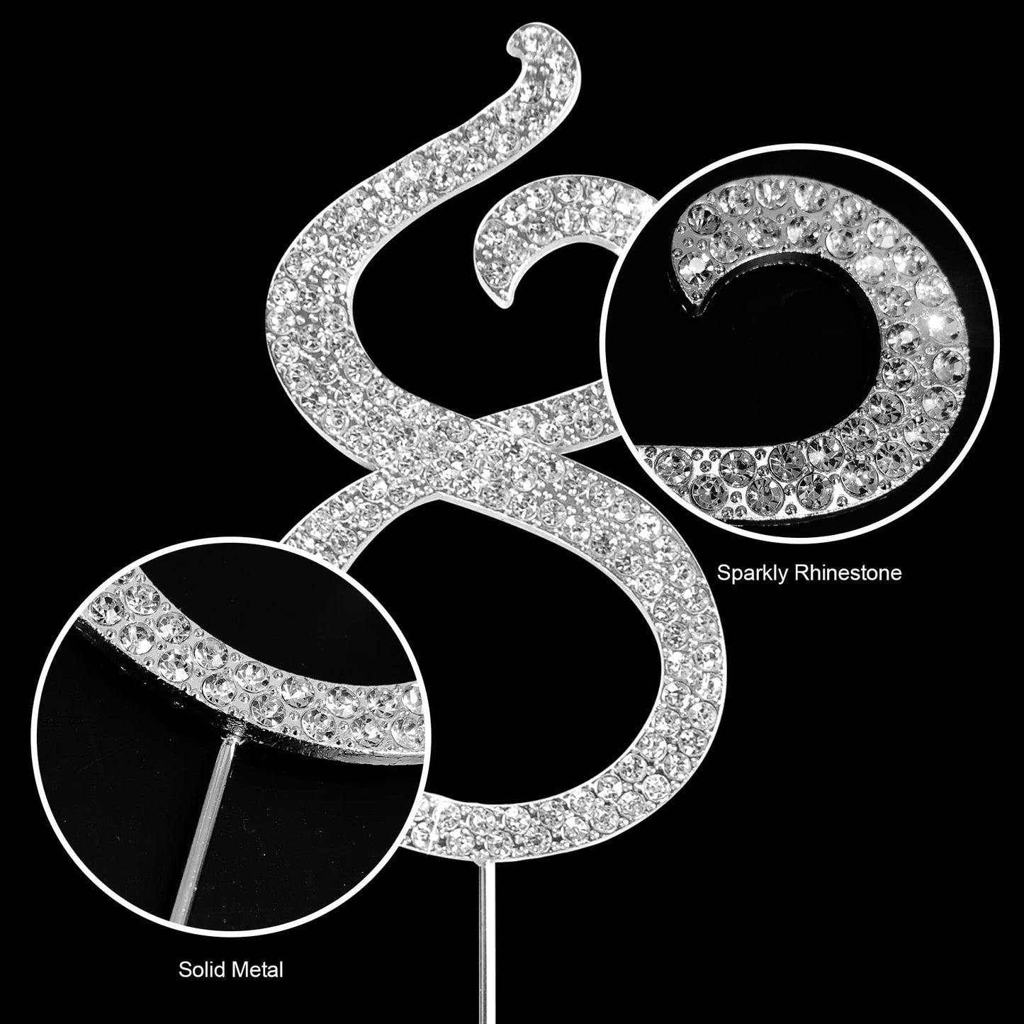 Number Cake Topper 8, Uniideco Silver Rhinestone Premium Metal Bling Bling Cake Decor, Sparkly Happy Birthday Wedding Anniversar