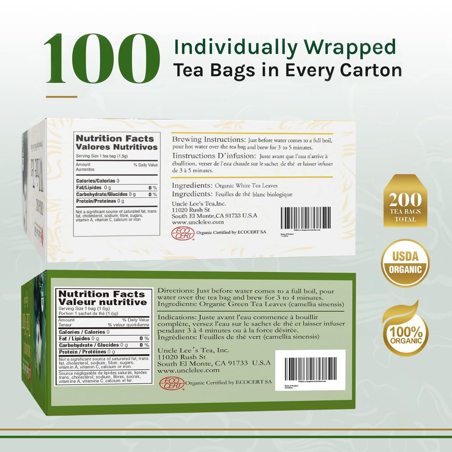 Uncle Lees Organic Green Tea & White Tea Bundle, Antioxidant-Rich, 100 Count Each, Pack of 2