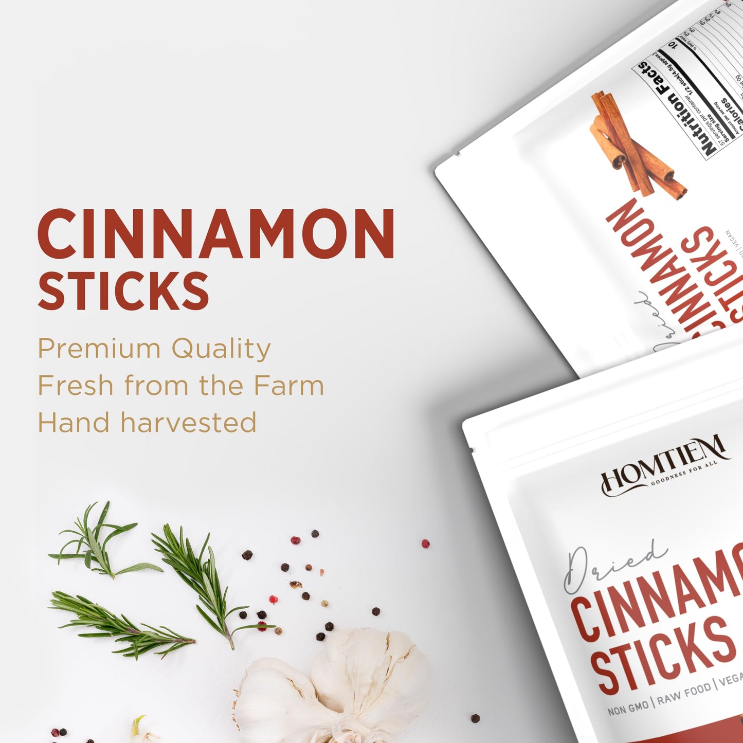 HOMTIEM Organic Dried Cinnamon Sticks, Non-GMO, Vegan, 9 Oz (255 Gram)