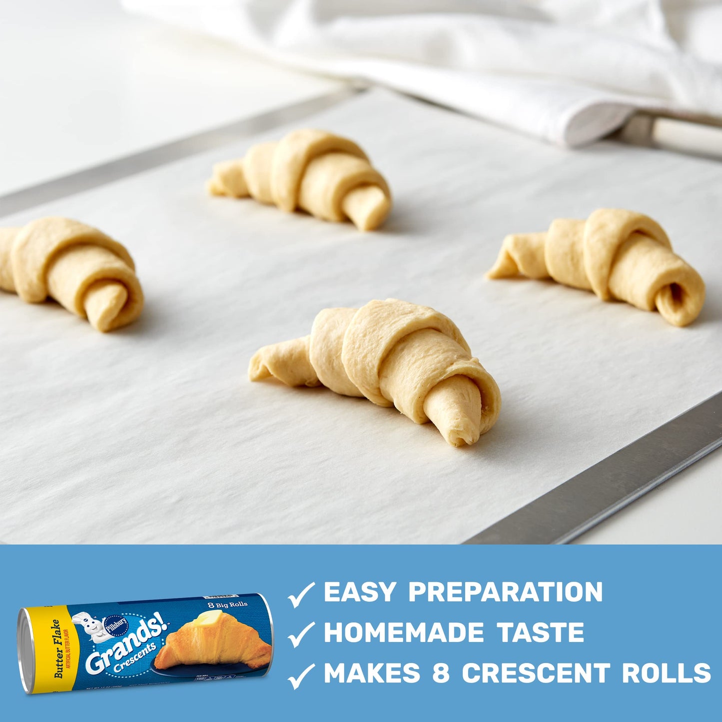 Pillsbury Grands! Crescent Rolls, Butter Flake Refrigerated Canned Pastry Dough, 8 Big Rolls, 12 oz