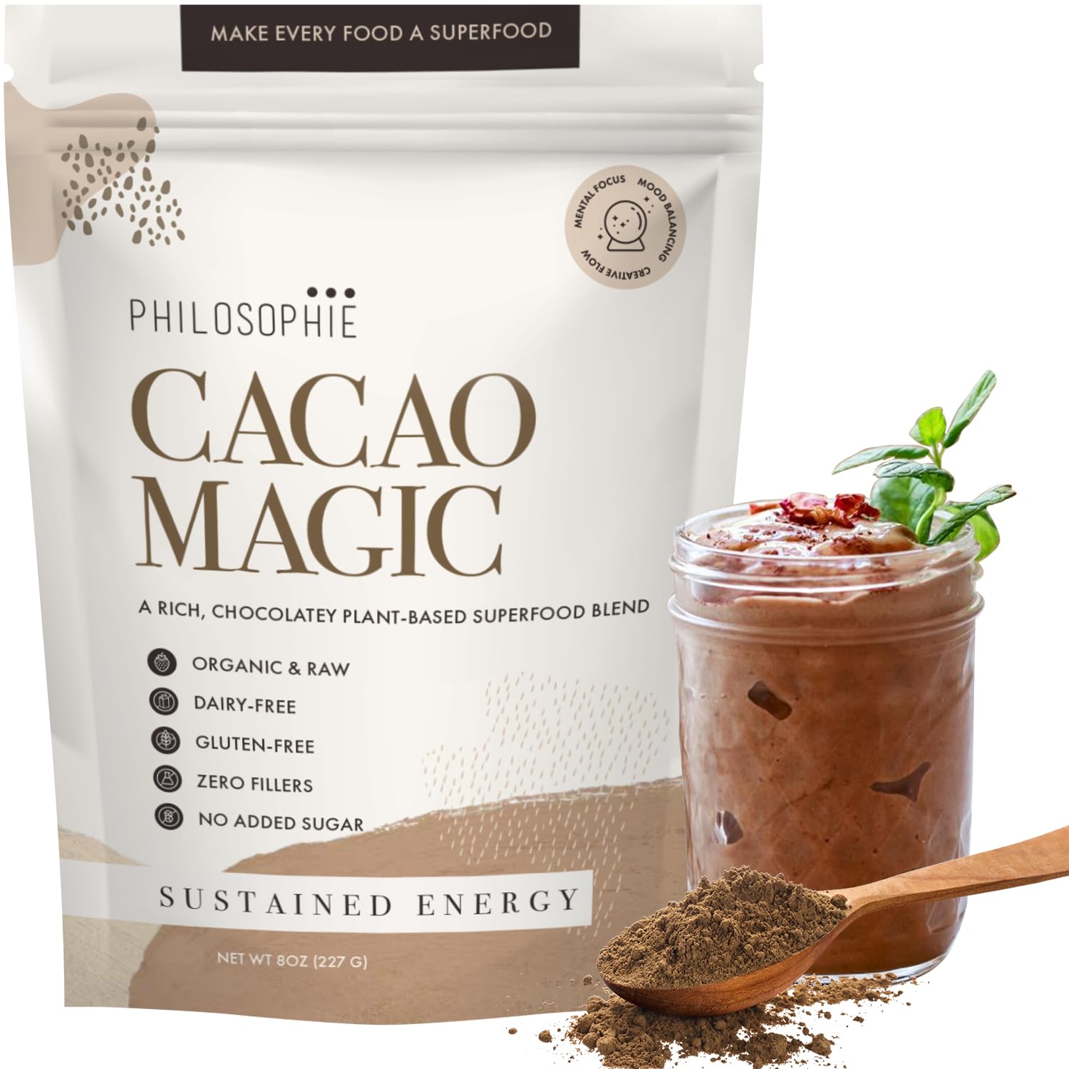 Philosophie Organic Cacao Magic Superfood Blend - Plant-Based Protein Powder, Unsweetened Vegan Chocolate, 8 Ounce