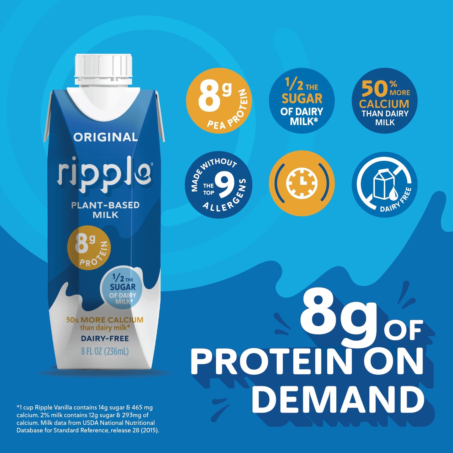 Ripple Non-Dairy Milk, Original Vegan Milk, 8g Pea Protein, Shelf Stable, 8 Fl Oz (Pack of 12)