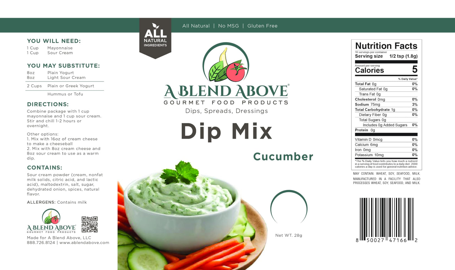 A Blend Above Cucumber Dip Mix, 1 oz, (3 Pack), Gluten-Free, No MSG, All Natural, No Preservatives, Vegetable Dip, Keto Friendly
