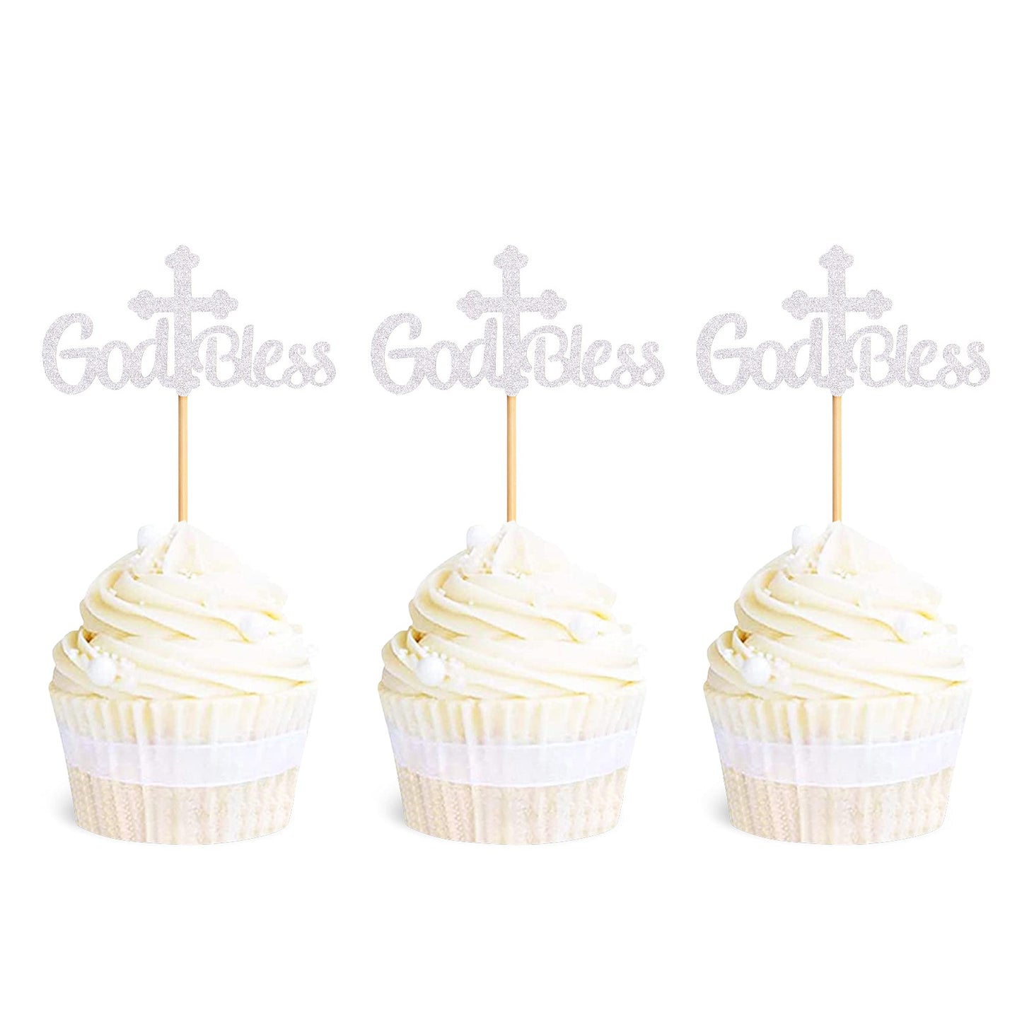 Ercadio Cupcake Toppers 36 Pack Silver Cross Glitter Baptism Decoration Small
