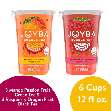 Joyba Bubble Tea Variety Pack, Mango Passion Fruit Green Tea & Raspberry Dragonfruit Black Tea With Popping Boba, 6 Pack, 12 Fl.