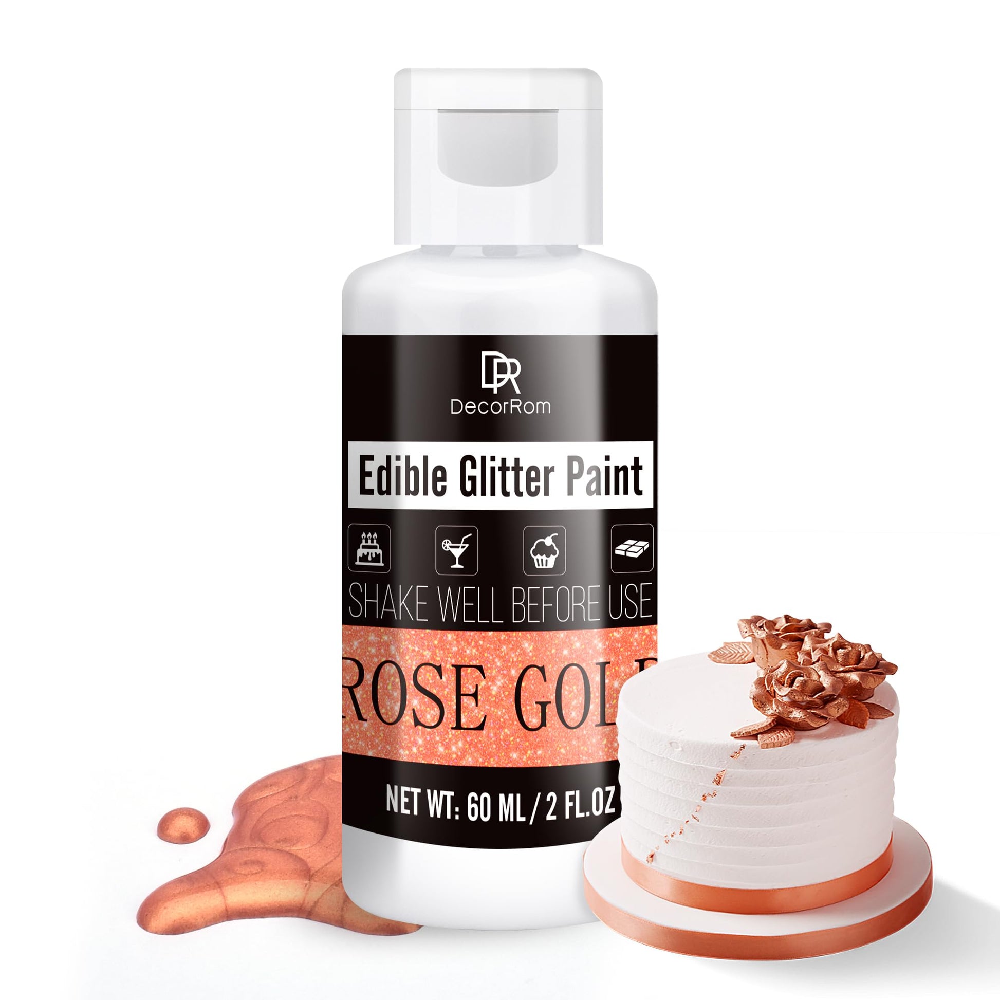 Edible Glitter Paint - 2 fl.oz Metallic Edible Cake Paint for Cake Decorating, Baking, Cupcakes, Candy - Food Grade Shimmer Art 