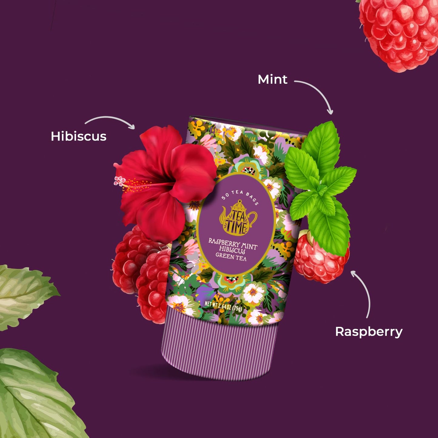 LIFE PLUS STYLE GOURMET Raspberry Mint Hibiscus Green Tea Bags, Caffeinated, Organic, 50 Count, Pack of 1