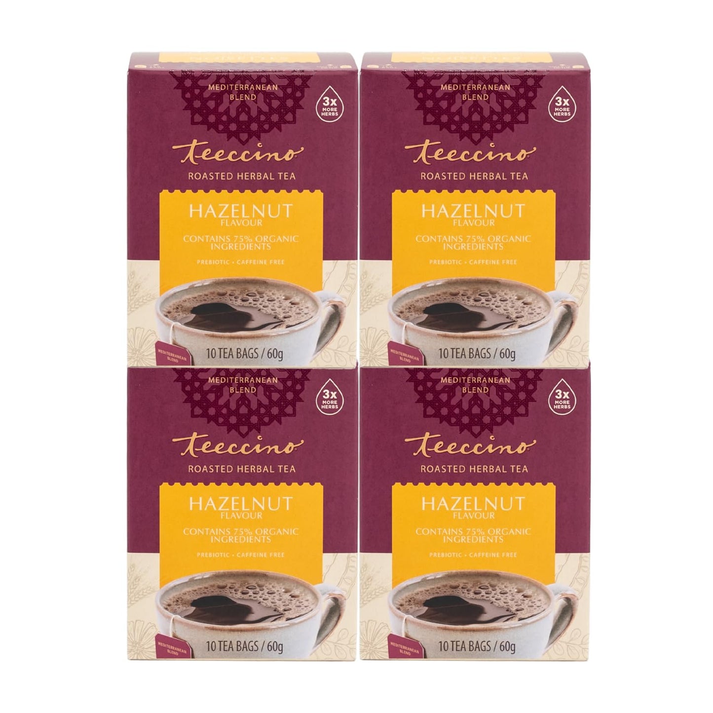 Teeccino Hazelnut Herbal Tea, Caffeine Free, Prebiotic, 10 Count (Pack of 4)