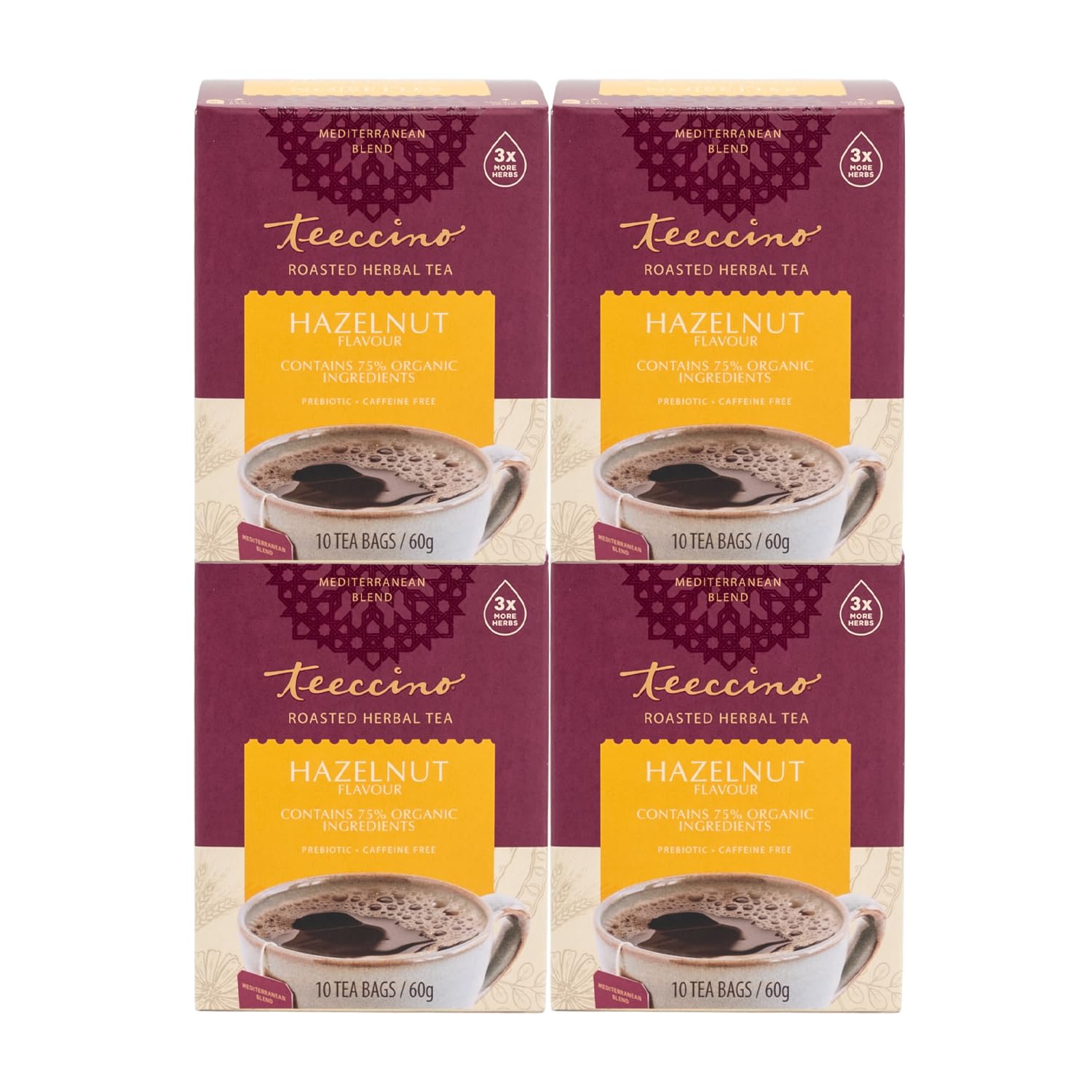 Teeccino Hazelnut Herbal Tea, Caffeine Free, Prebiotic, 10 Count (Pack of 4)