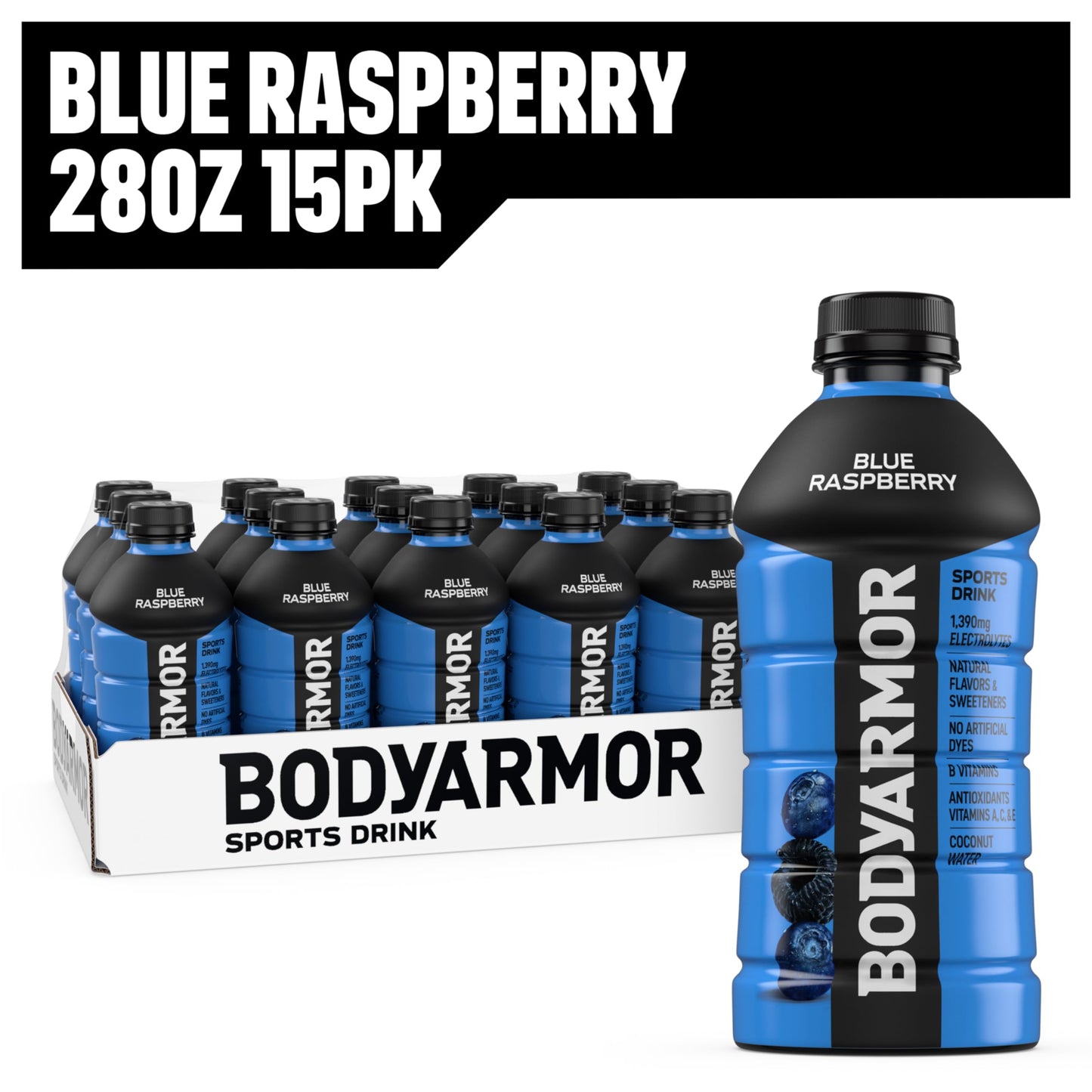 BODYprotective covering Sports Drink  Blue Raspberry  Electrolyte Drink Hydration  28 Fl Oz Bottles (15 Pack)  Flavored Coconut Water with B Vitamins & Antioxidants