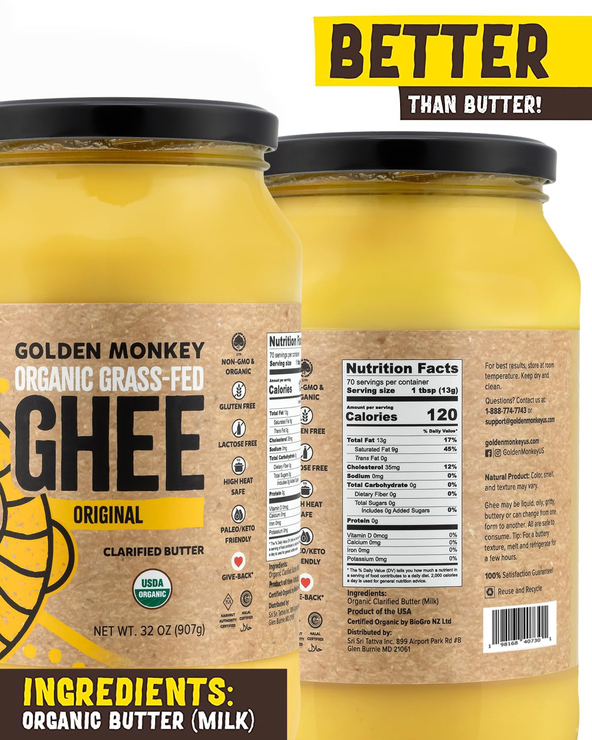 GOLDEN MONKEY Organic Ghee Butter - Grass Fed Clarified Butter for Cooking, Baking, Keto & Gut Health - Ghee Butter Organic Gras