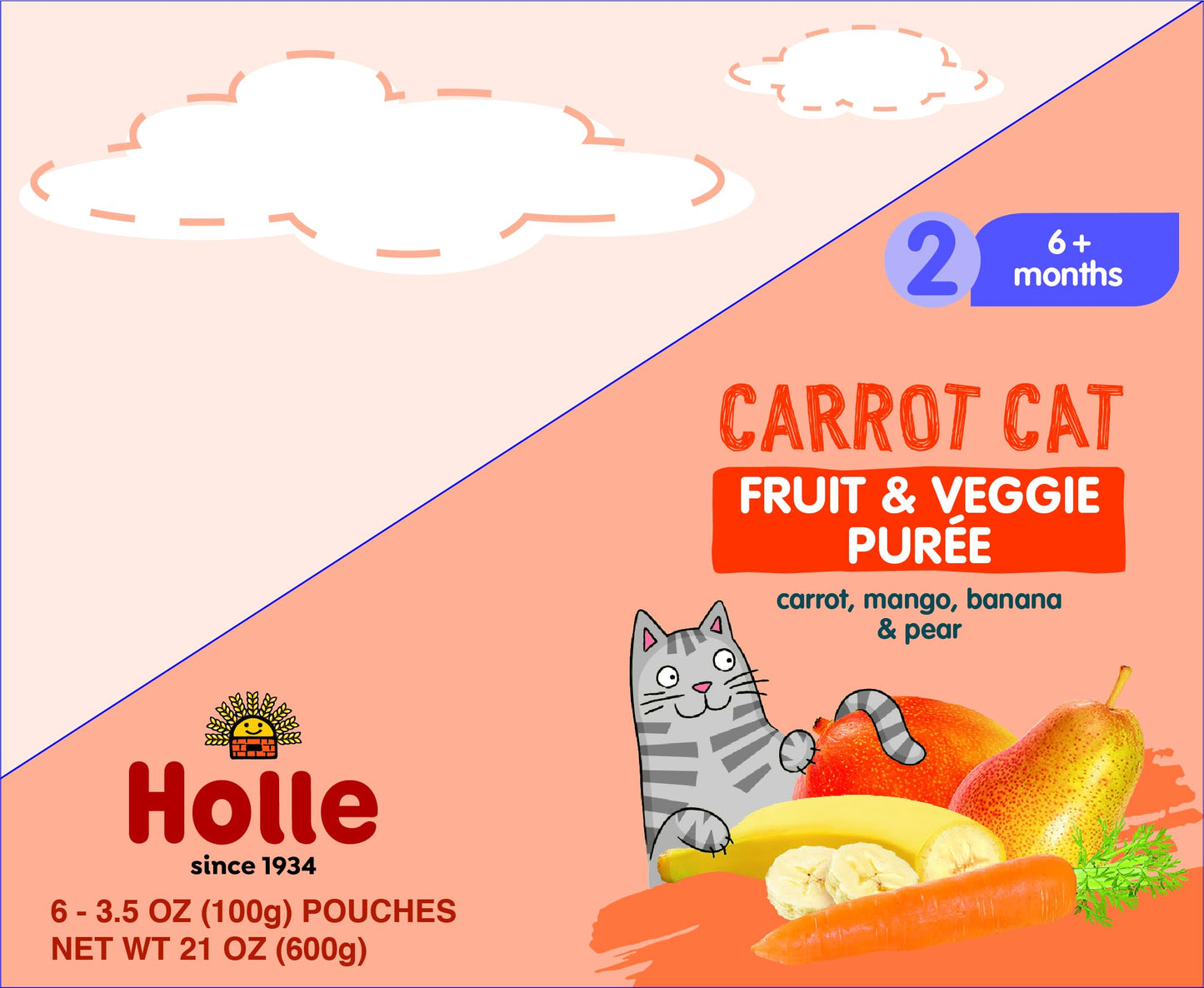 Holle Organic Baby Food Pouches - Carrot Cat Baby Puree With Carrot, Mango, Banana & Pear - (6 Pack) Organic Baby Snacks + Fruit And Veggie Pouches For Weaning Babies 6 Months And Older