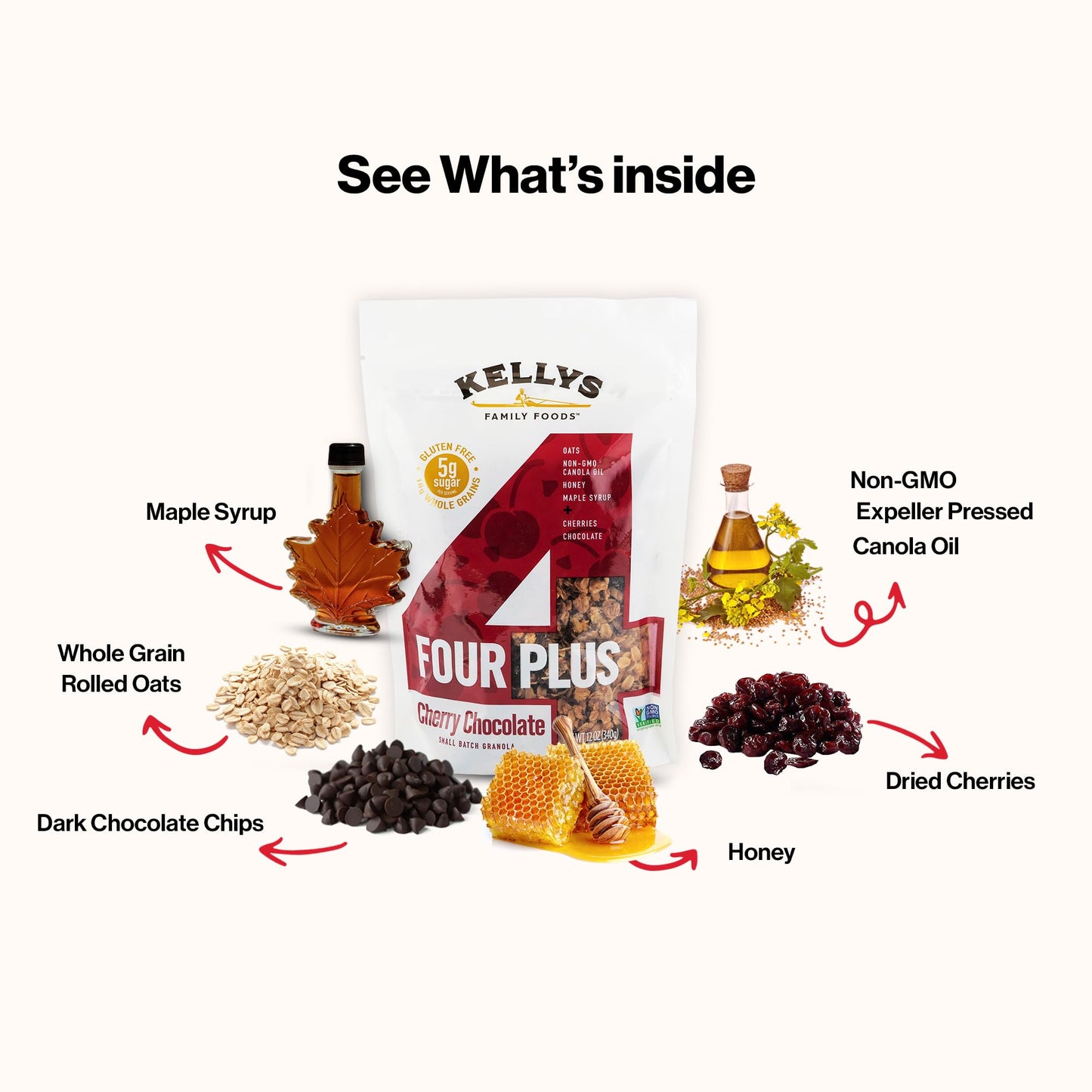 Kellys Four Plus Healthy Granola Cereal, Non-GMO, Low Sugar, Gluten Free, 12oz (Pack of 4)