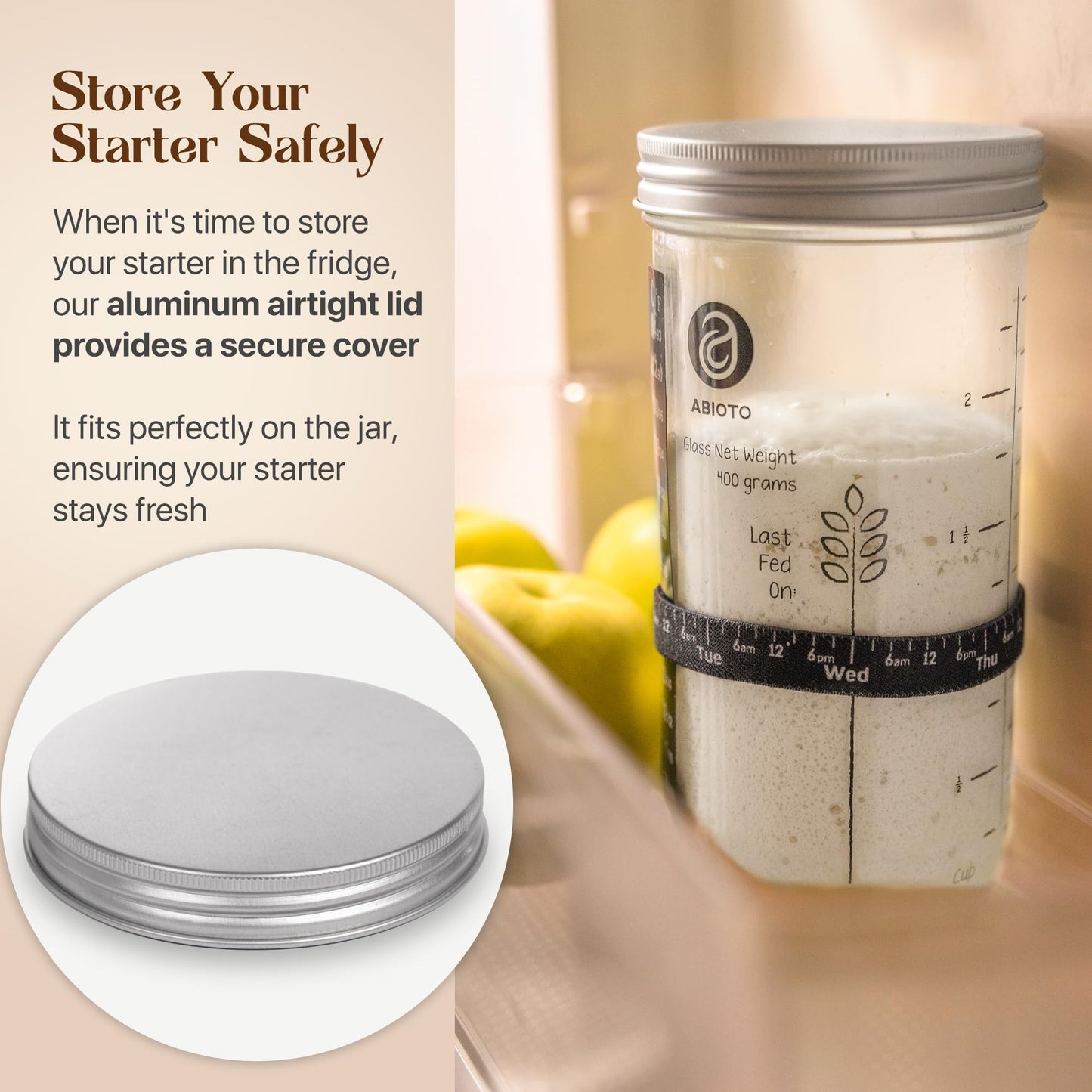 ABIOTO Sourdough Starter Kit  Includes 24 oz Sourdough Starter Jar with Metallic Lid  Silicone Spatula  Feeding Tracker  Extra Thermometer Strips & Breathable Covers - Sourdough Bread Starter Kit