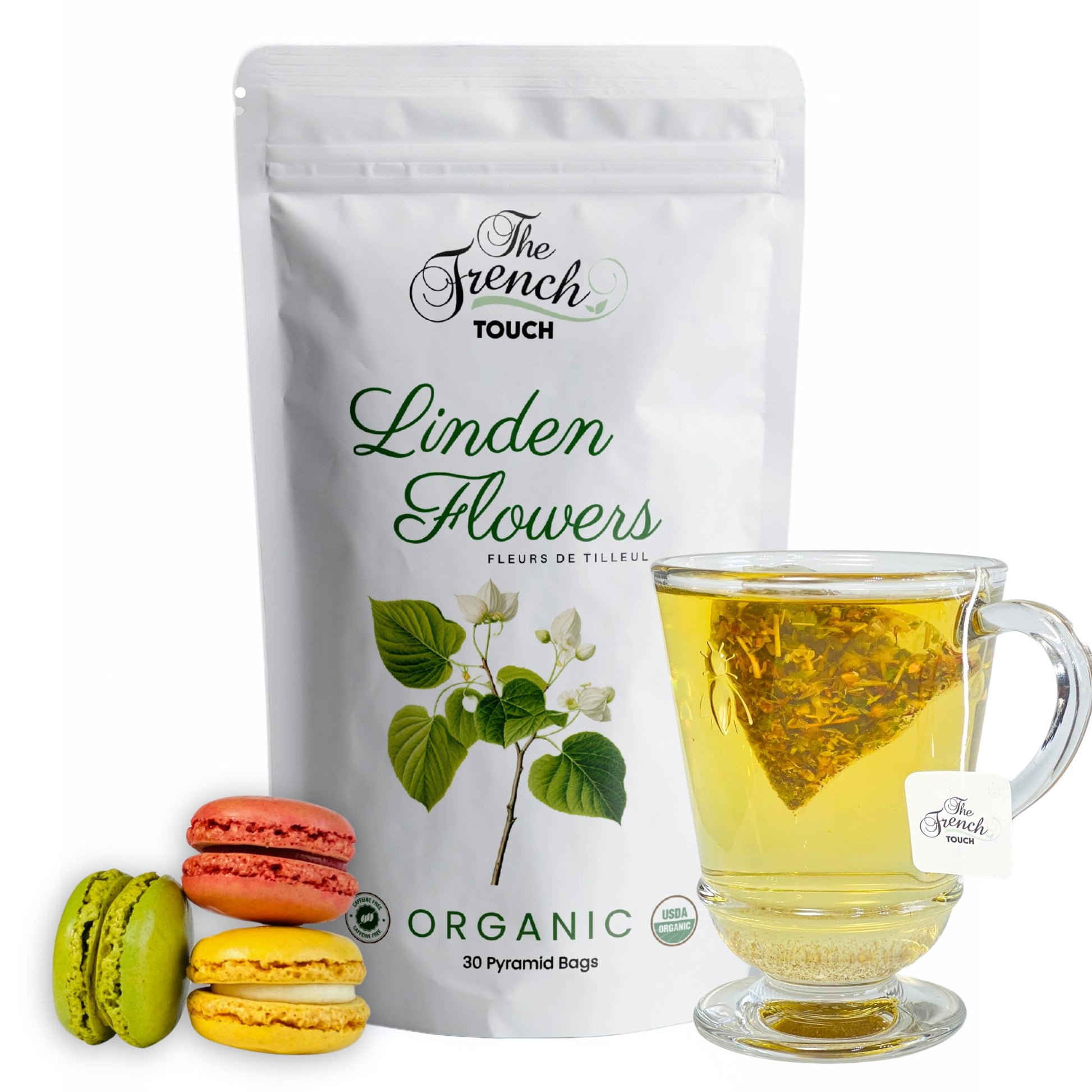 The French Touch Linden Flowers Tea Organic | 2.0G X 30 Pyramid Bags | 100% Certified Usda Organic | Plant Based Tea Bags | Select Top-Grade Tea (Linden Flowers) | Energy Blend-Free