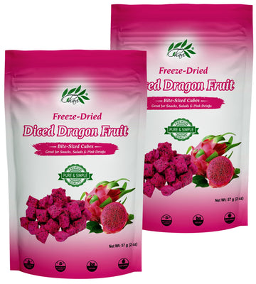 Chavi Freeze-Dried Diced Dragon Fruit Snack - Pack Of 2 X 2 Oz - Healthy 1 Ingredient Superfood - No Added Sugars Or Preservativ