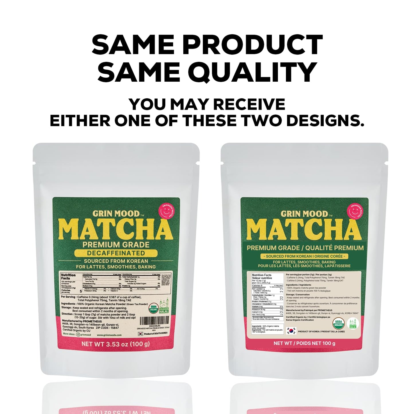 Grin Mood Matcha Powder - Organic Green Tea Powder - Decaffeinated Green Tea, Authentic Korean Matcha, Halal (3.53Oz, Enhanced Grade)