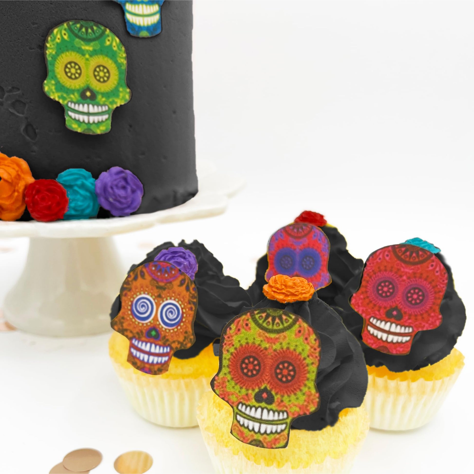Sugar Robot Inc. Edible Halloween Cake Toppers - Sugar Skulls Set of 24 - 2.5 inches - Small Skulls - Paper