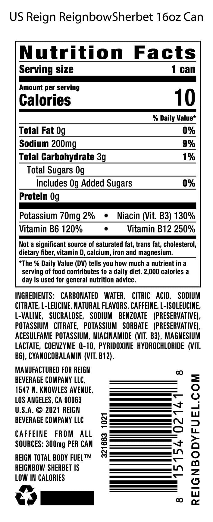Reign Total Body Fuel, Reignbow Sherbet, Fitness & Performance Drink, 16 Fl Oz (Pack Of 12)