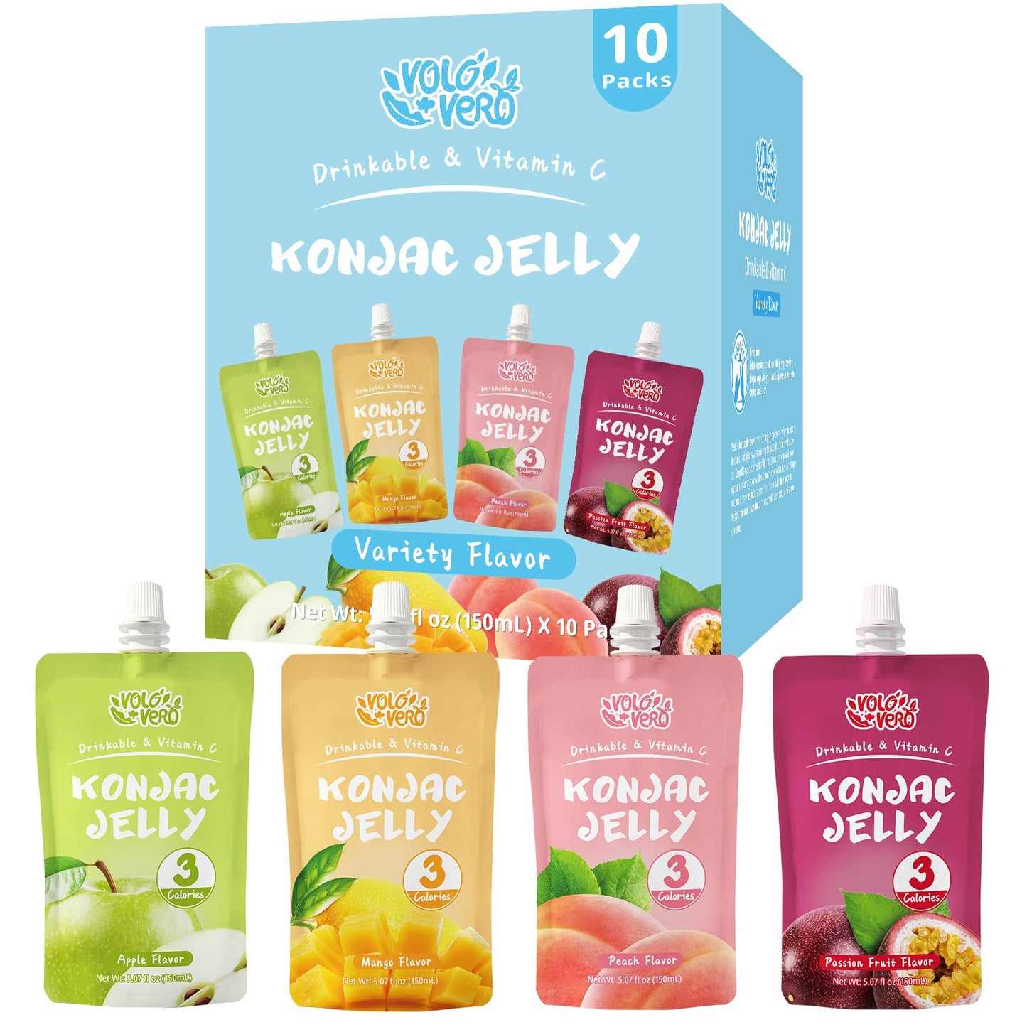 Volo Vero Drinkable Konjac Jelly Variety Pack, 3 Calories, 10 Pack, 0 Sugar, Vegan, Gluten Free, Keto, Vitamin C Fruit Snacks Holiday Gifts - Flavors Include Mango, Peach, Passion Fruit, And Apple Pouches