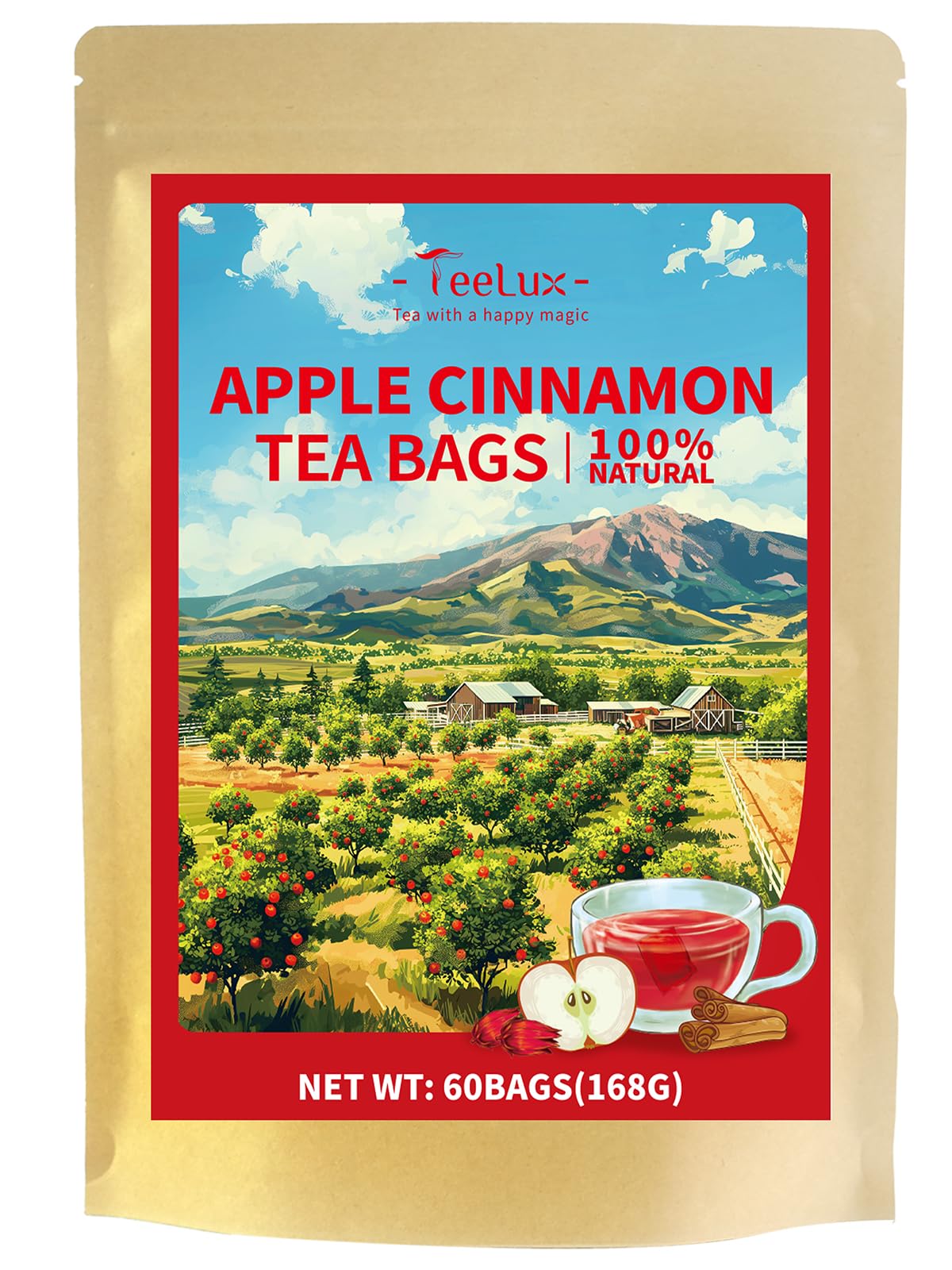 TeeLux Cinnamon Apple Herbal Tea Bags, Caffeine Free, Sweet & Tart, 60 Count