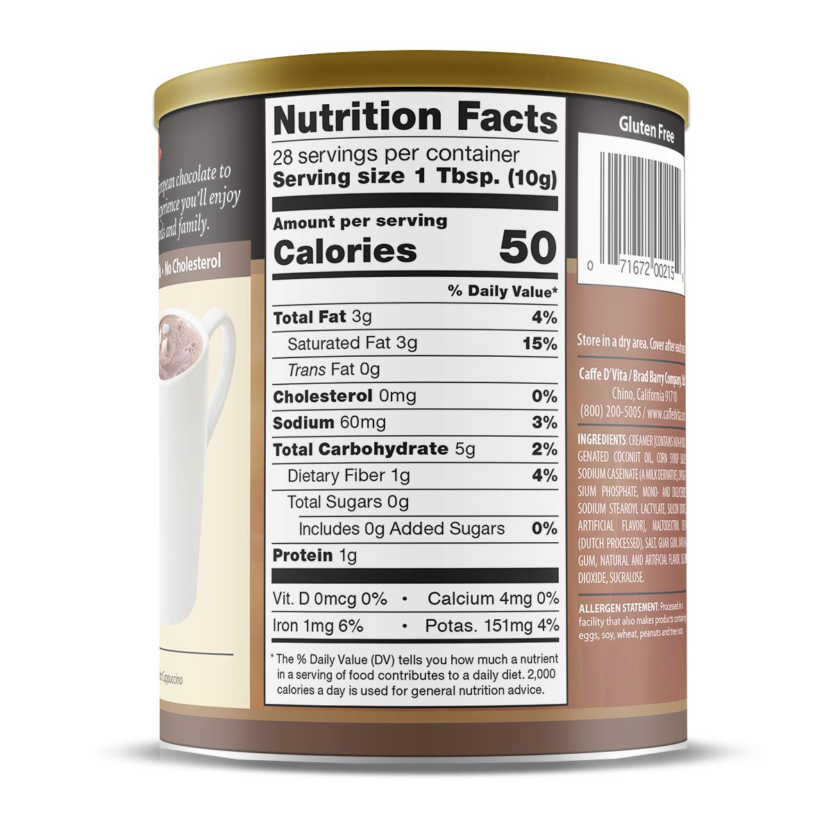 Caffe DVita Sugar Free Hot Cocoa Mix - Gluten Free, Low Fat, 10 Oz Can, Chocolate Flavor