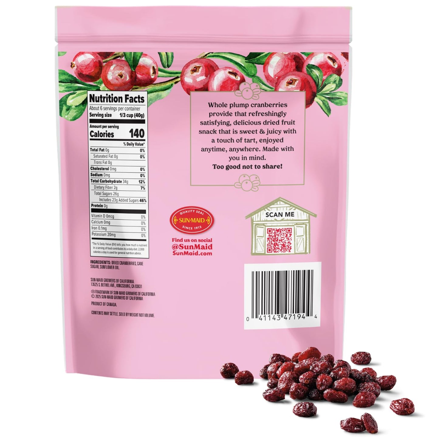 Sun-Maid Farmstand Reserve Whole Dried Cranberries - (4 Pack) 8 oz Resealable Bag - Dried Fruit for Holiday Snacks and Charcuter