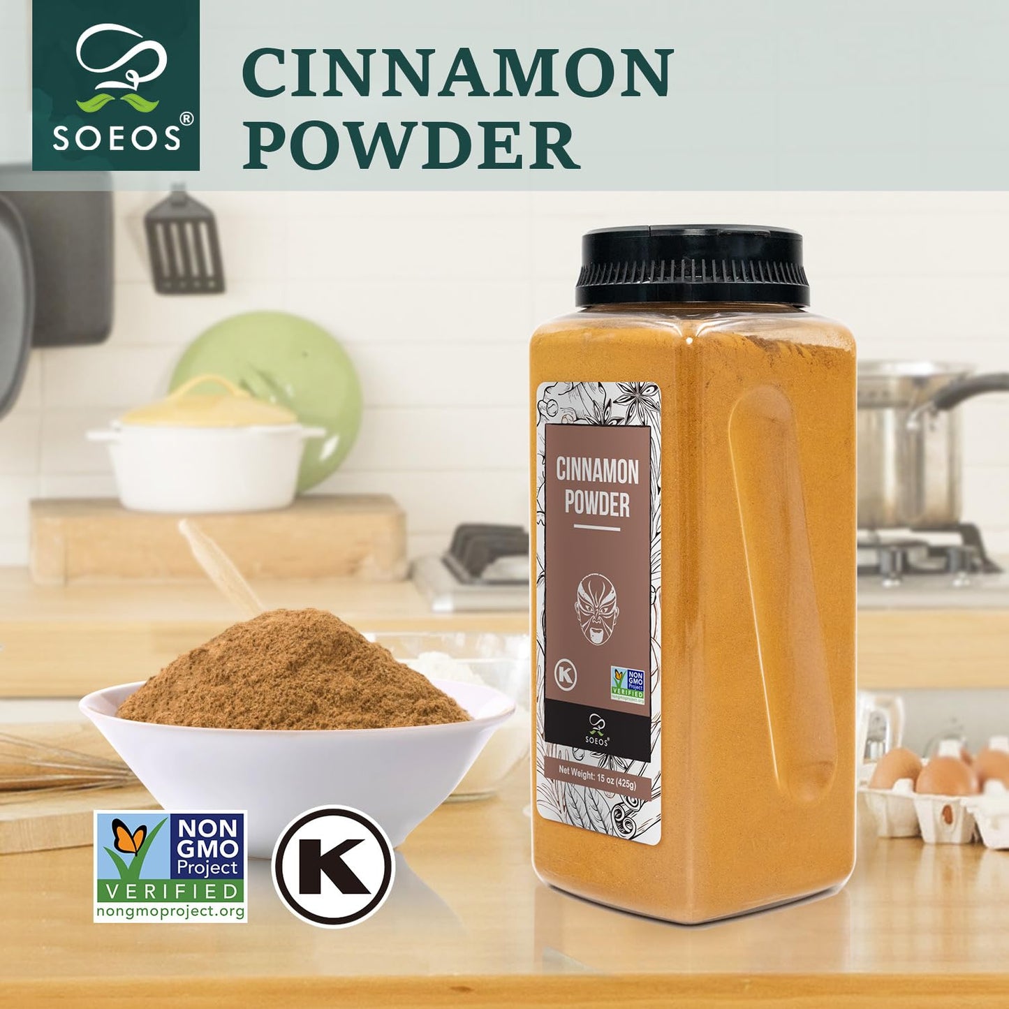Soeos Cinnamon Powder, Cinnamon, Ground Cinnamon, Cinnamon Sticks, 100% Raw, Non-GMO, Kosher Certified, Cinnamon Seasoning Spice