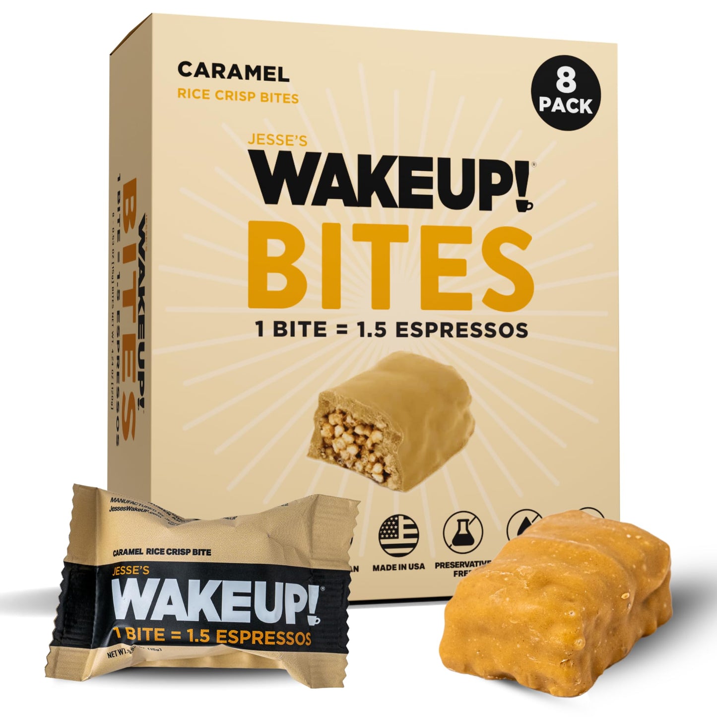 Jesses WakeUP! Caramel Caffeinated Protein Bites - Gluten-Free, Vegetarian, 8 Pack (1 Bite = 1.5 Espressos)