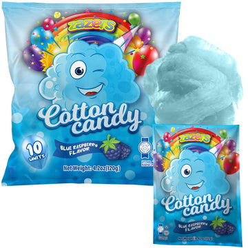 Cotton Candy 10 Pack, 10 cotton candy Bags each 0.42oz, Blue Raspberry mini cotton candy, blue cotton candy Individually Wrapped