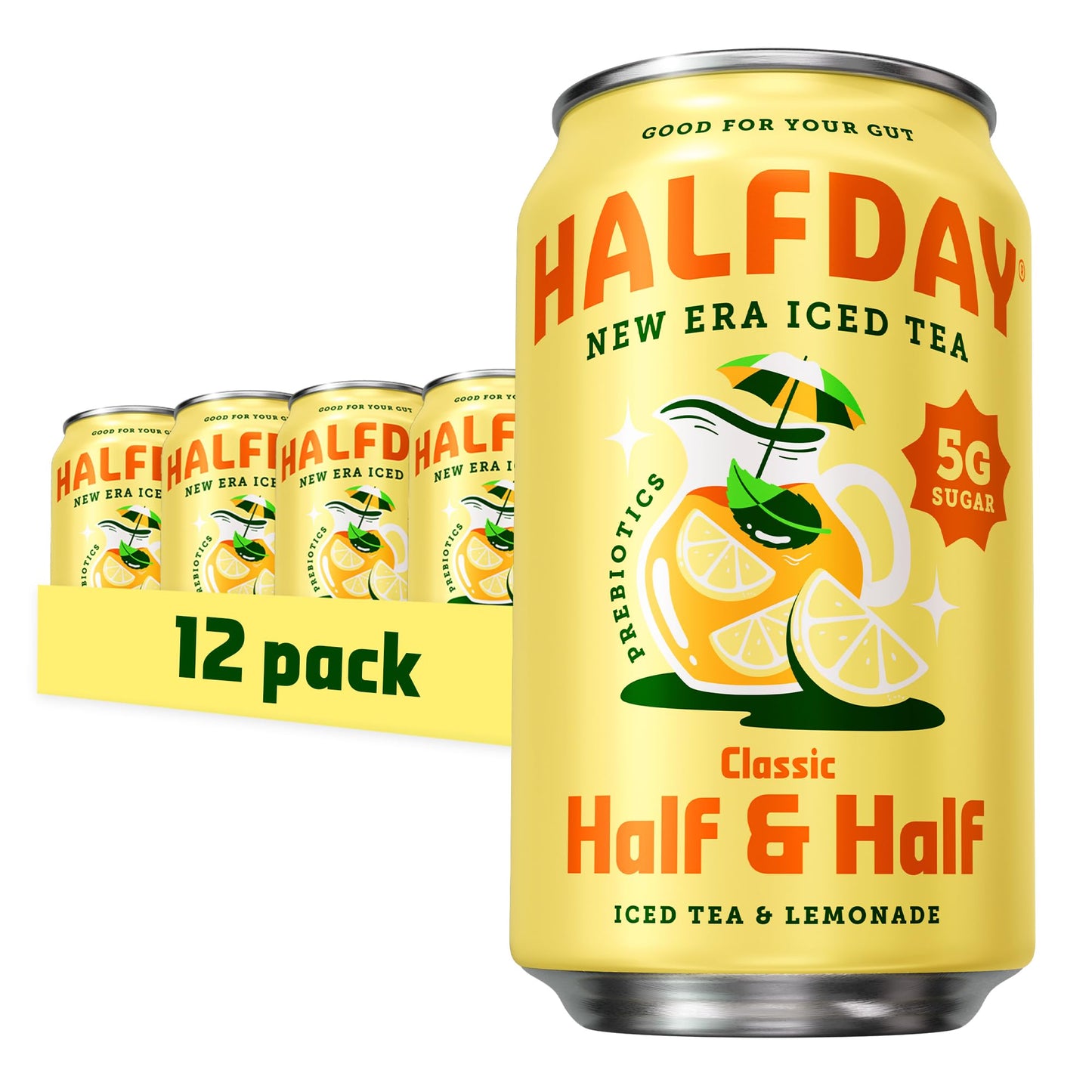 Halfday Iced Tea Cans, Prebiotic Half & Half, Low Sugar, 12 fl oz, 12 Pack, Gluten Free, 40 Calories, Natural Caffeine