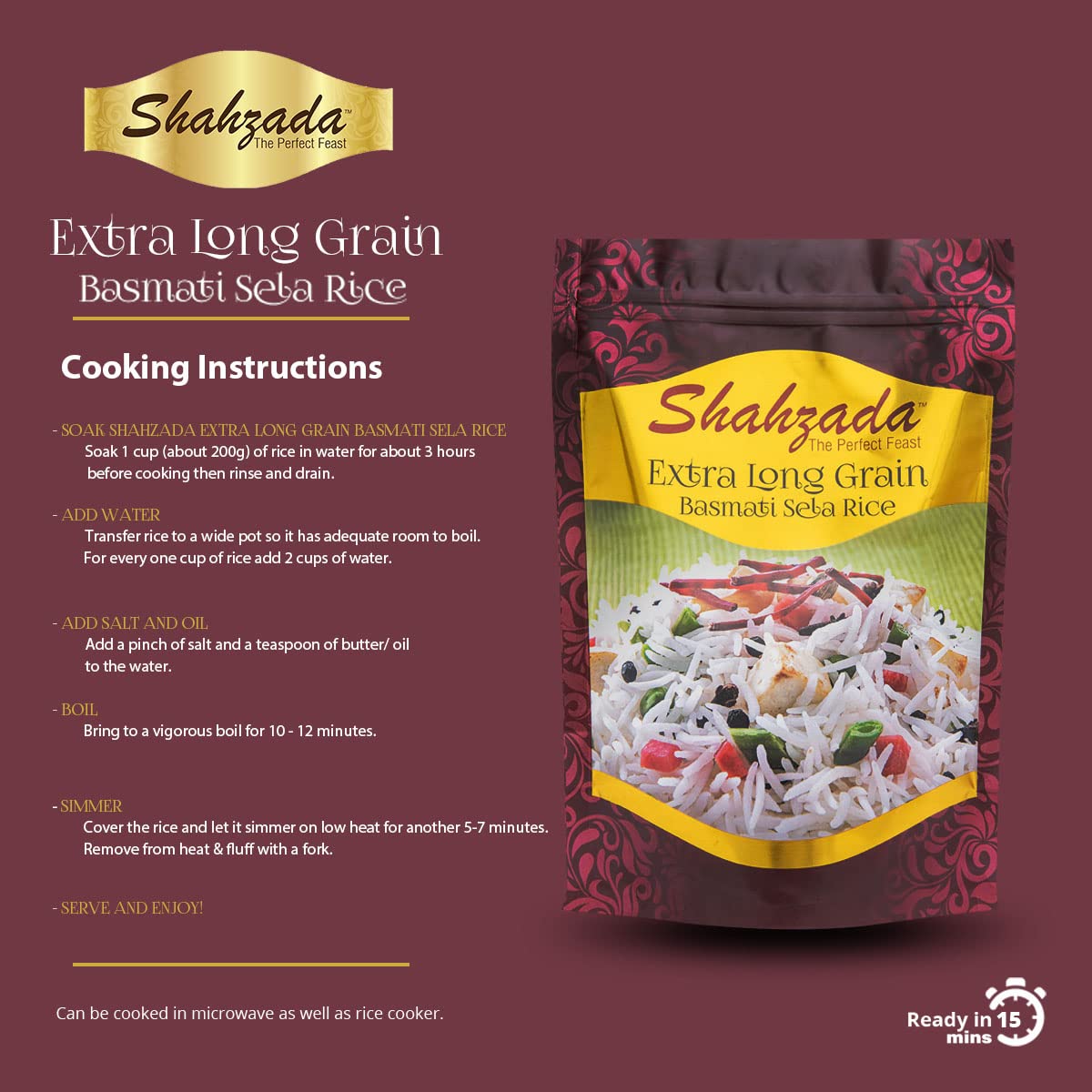 Shahzada Basmati Sela Rice, Extra Long Grain, 2 lbs, Non-GMO, Vegan, Gluten Free, Resealable Zip-Lock Bag, White