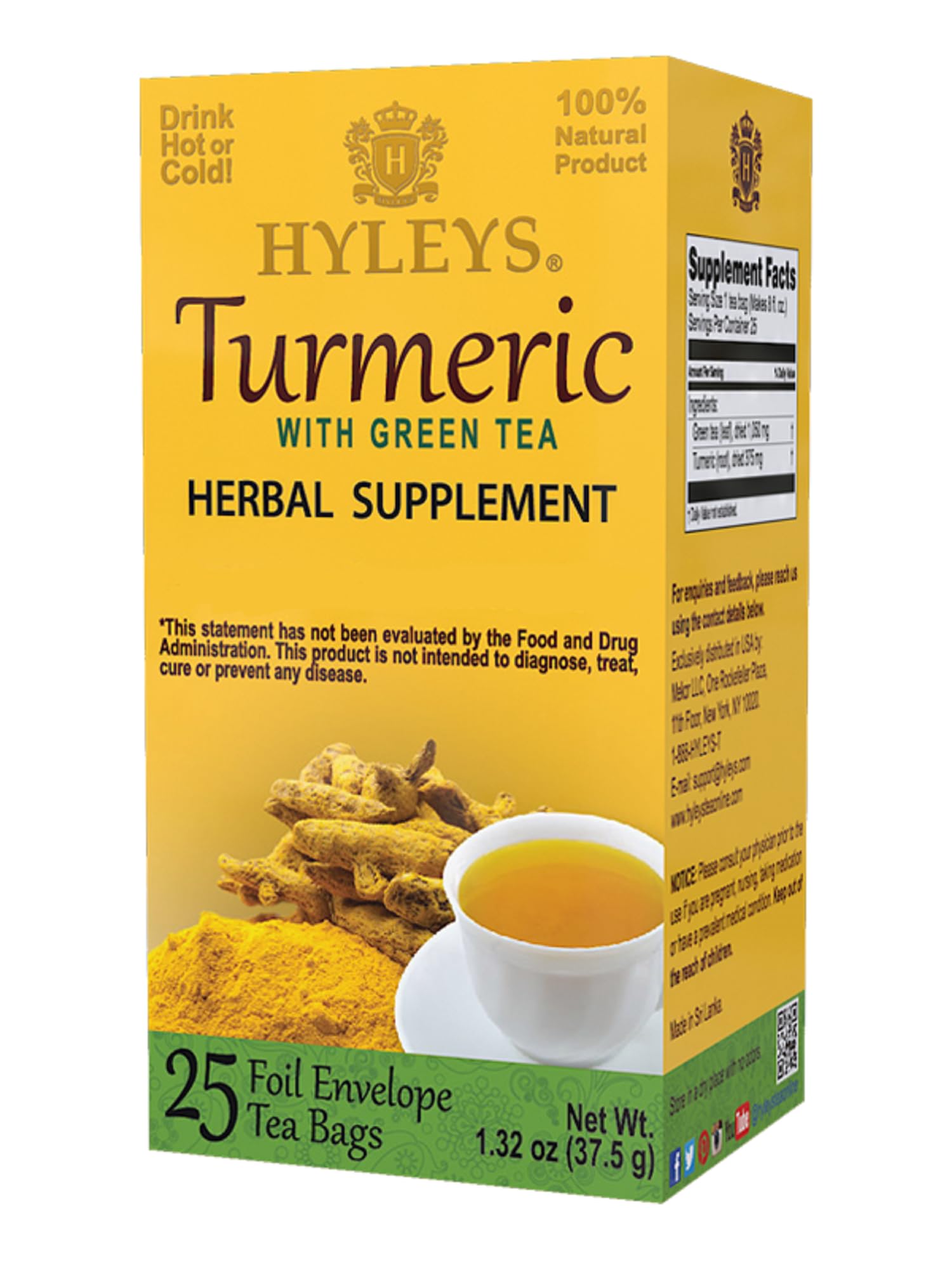 HYLEYS Tea Wellness Turmeric with Green Tea - 25 Sugar Free, Gluten Free Tea Bags - Non-GMO, 100% Natural, Model 17172