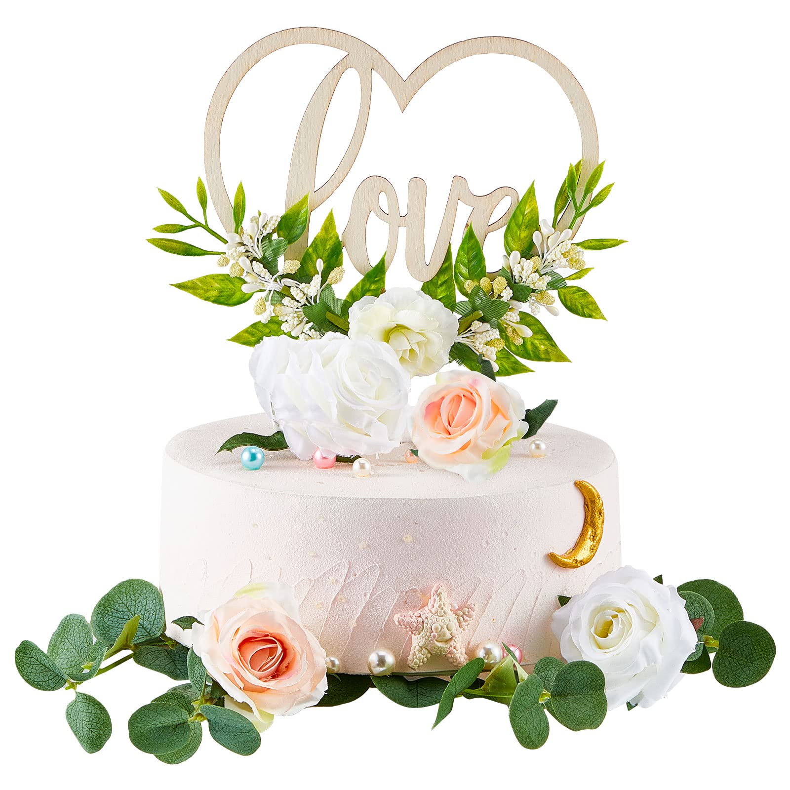 Juexica Wedding Cake Topper Set, Rustic Heart Shaped, 7x3, Wood, White/Champagne/Green, Includes 6 Pcs for Bridal Shower/Engagement