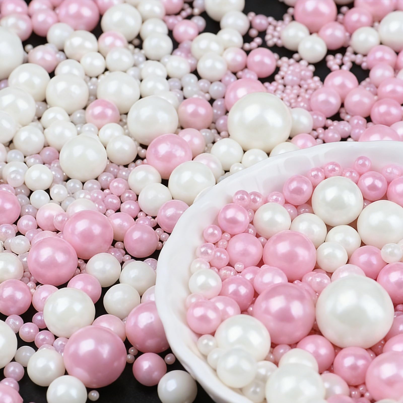 Pink White Pearl Sprinkles, 4.6oz Edible Pearls for Cake Decorating, 6 Sizes Cake Sprinkles for Baking Cupcake Cookies Ice Cream