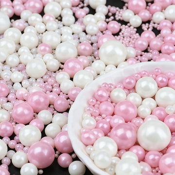 Pink White Pearl Sprinkles, 4.6oz Edible Pearls for Cake Decorating, 6 Sizes Cake Sprinkles for Baking Cupcake Cookies Ice Cream