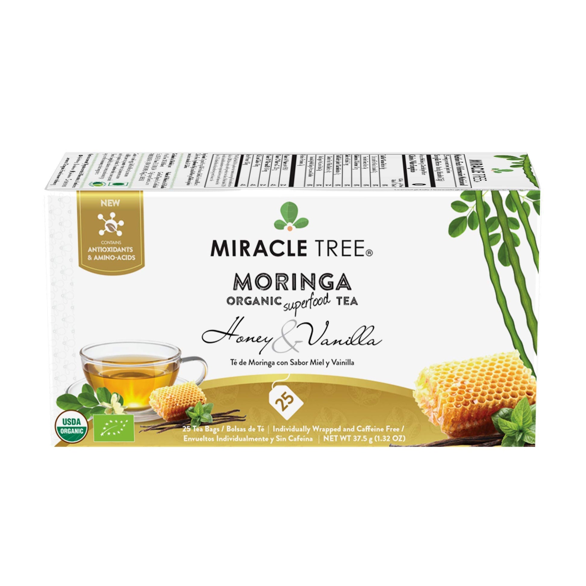 Miracle Tree Organic Moringa Superfood Tea, Honey & Vanilla, 25 Tea Bags, Vegan, Gluten-Free, Caffeine-Free