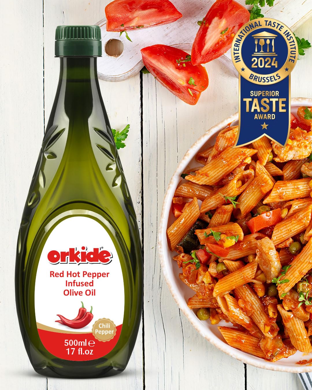 Orkide Hot Chili Infused Olive Oil Robust Mediterranean Blend, Ffa 0.3, Polyphenol+400 (Chilli 17 Fl Oz)