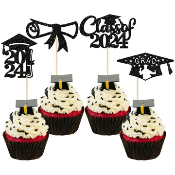 Gyufise 24Pcs Black Glitter 2024 Graduation Theme Cupcake Toppers Glitter Class Of 2024 Diploma Grad Cap Cupcake Picks For 2024
