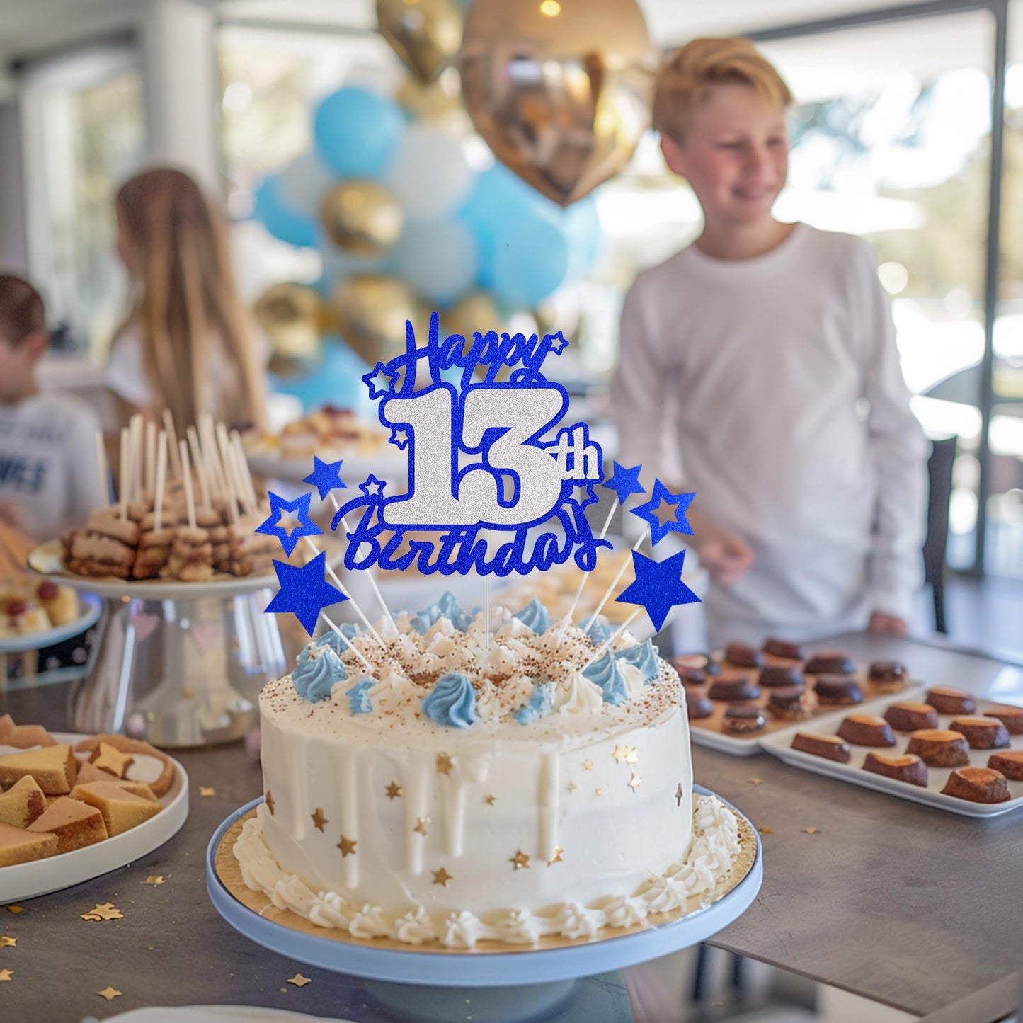 Happy 13Th Birthday Cake Topper, Blue And Silver Glitter Cake Toppers, 13 Year Birthday Party Cake Decoration