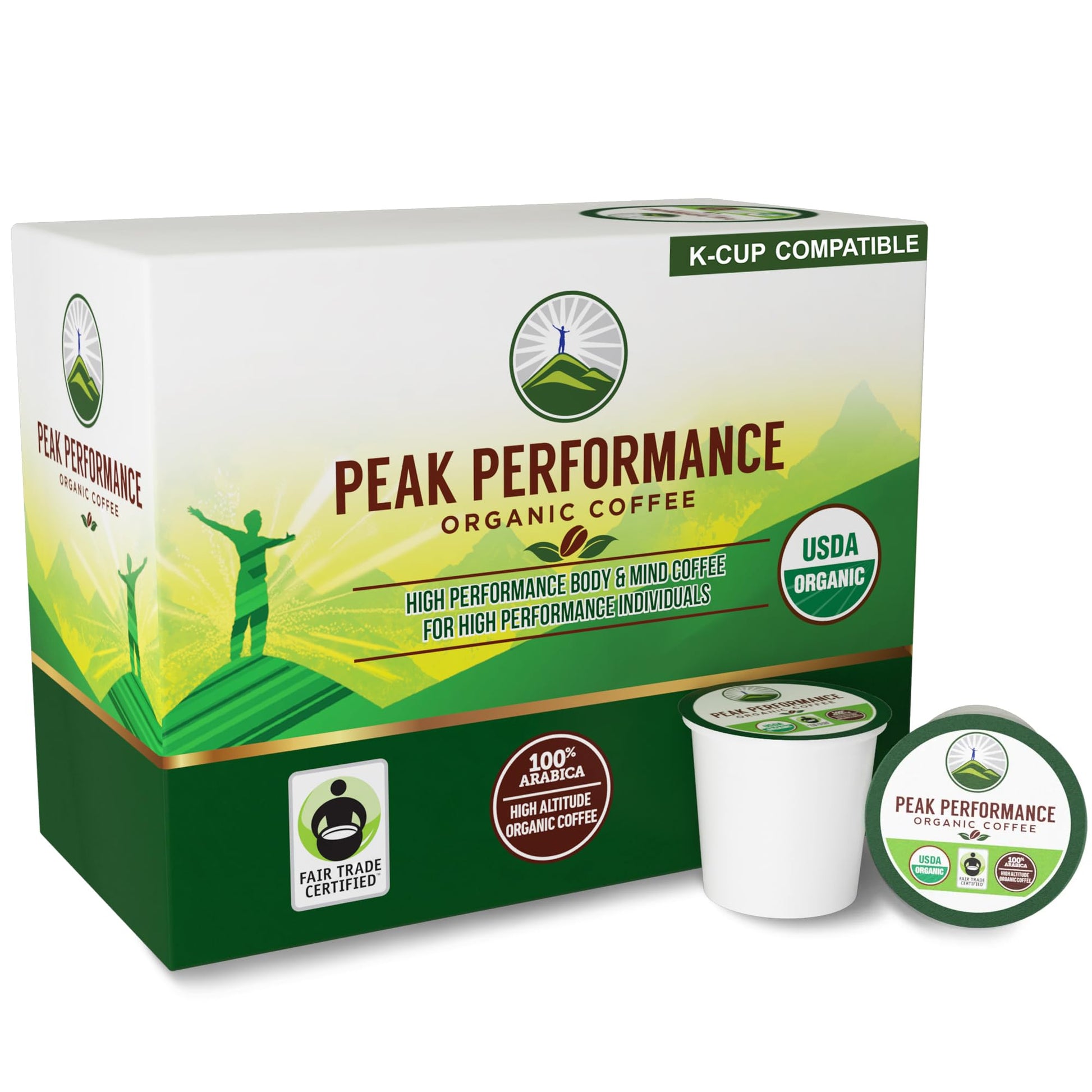 Peak Performance Organic Coffee Pods - High Altitude, USDA Certified, Fair Trade, Medium Roast, 96 Count