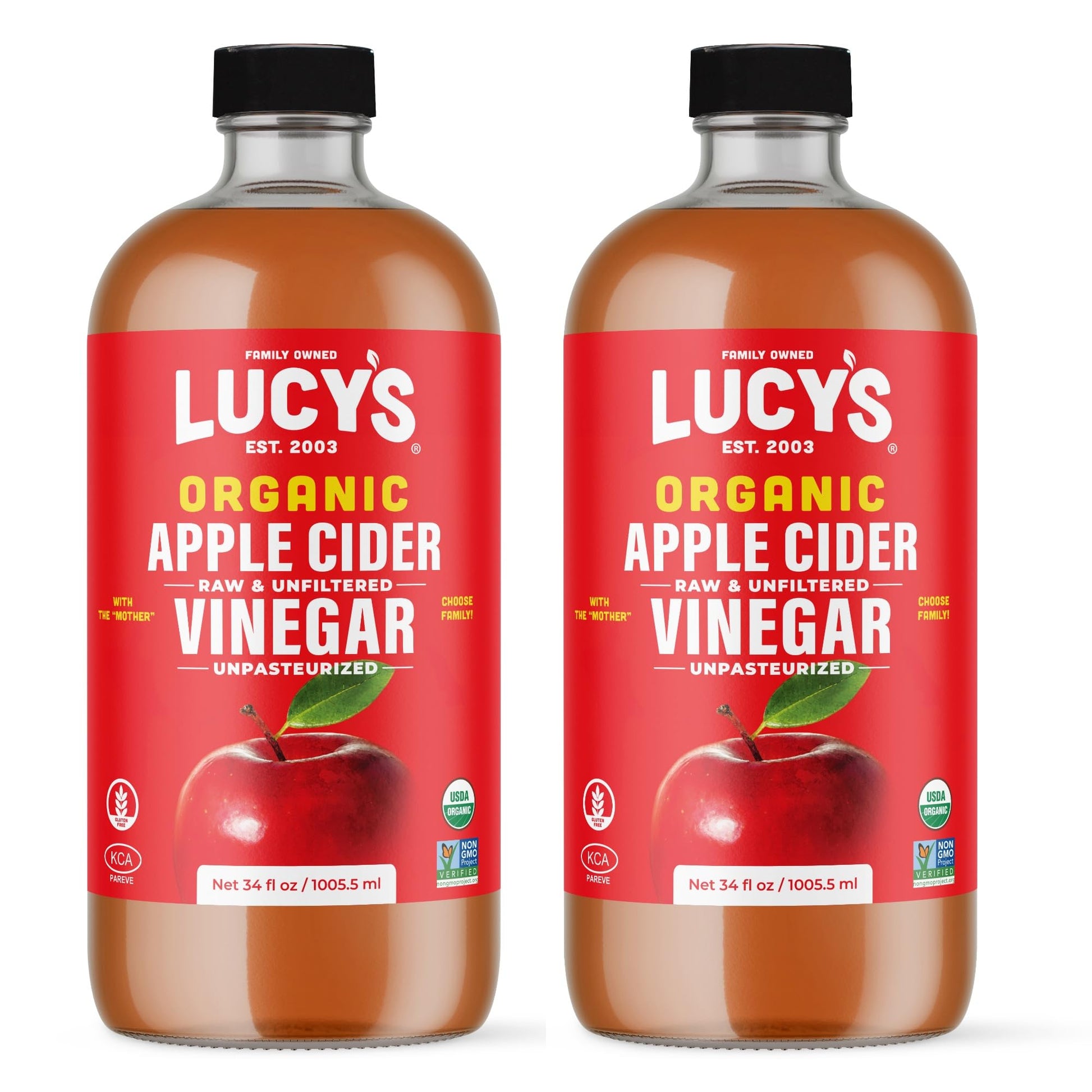 Lucys Organic Raw Apple Cider Vinegar, Unfiltered, 34oz Glass Bottle (2 Pack)