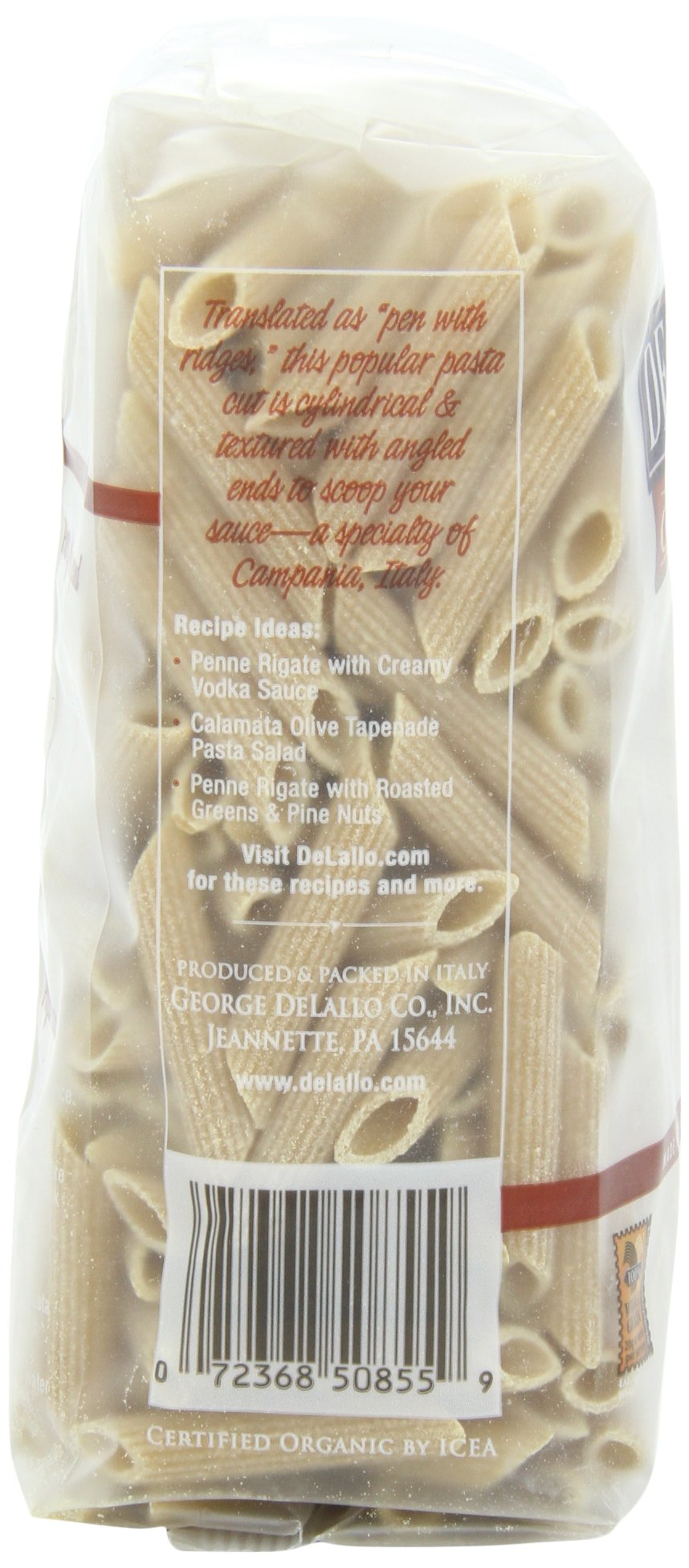 Delallo Pasta Whole Wheat Penne Rigate, 16 Oz