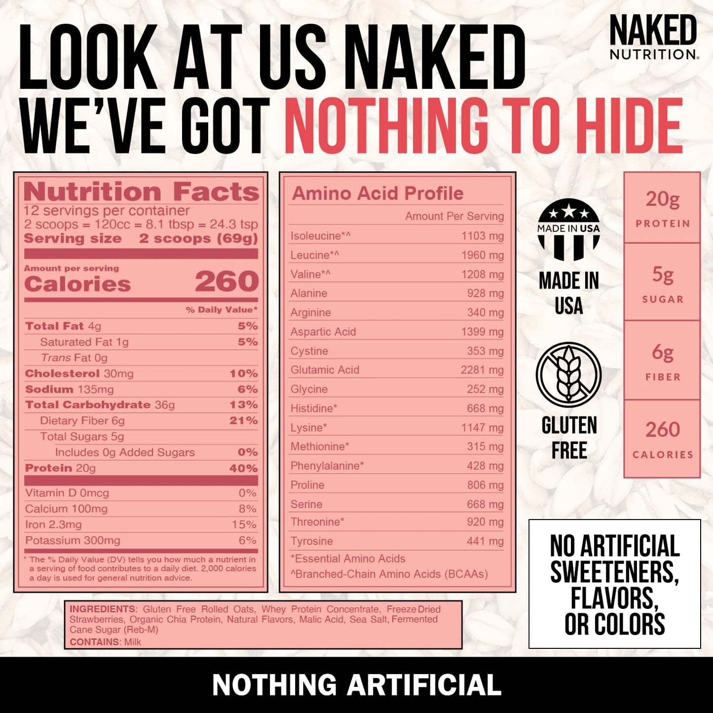 Naked Oats - Strawberry Cream Overnight Oats, 20G Grass-Fed Protein, Gluten-Free Oatmeal Instant Breakfast Or Shake, High Protei
