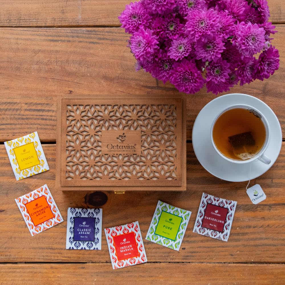 Octavius Floral Cutwork Wooden Tea Sampler Box | Tea Variety Pack Sampler | Green & Black Tea Assortment Gift Box | Perfect For Gifting & Personal Consumption - 6 Flavor & 90 Bags