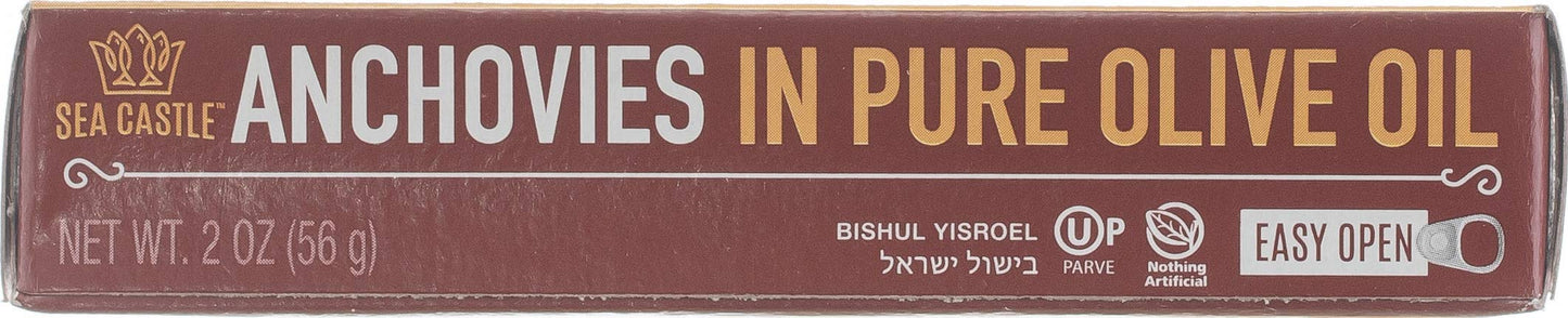 Sea Castle Flat Fillets Anchovies In Pure Olive Oil 2 Oz (12 Pack) Wild Caught Fish, Easy Open Can, Kosher